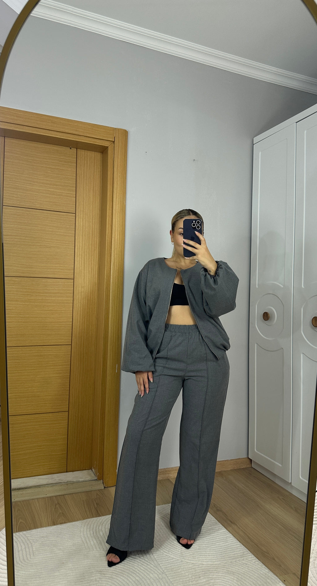 Gri fermuarlı Bomber ceket pantolon takım