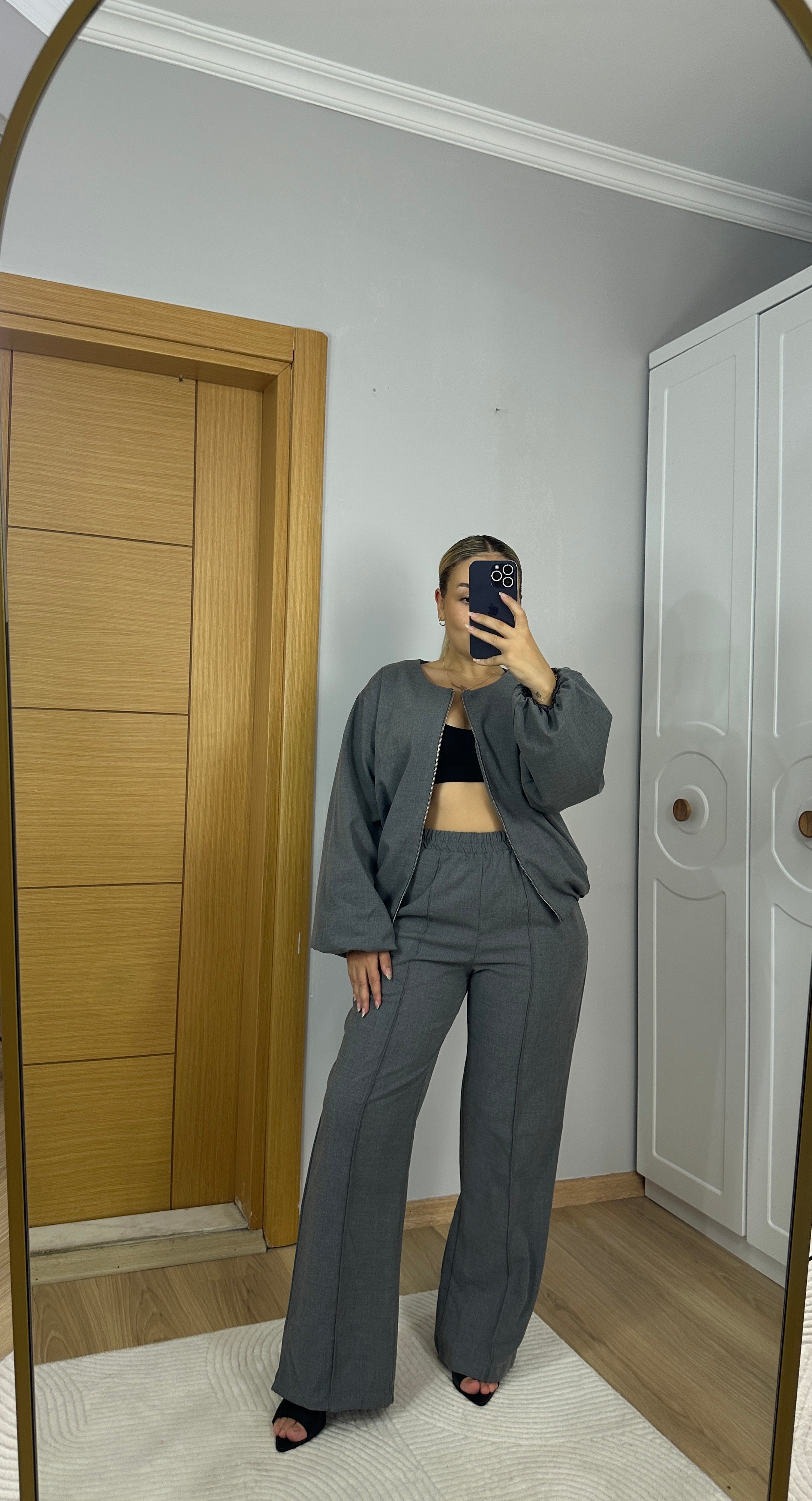 Gri fermuarlı Bomber ceket pantolon takım