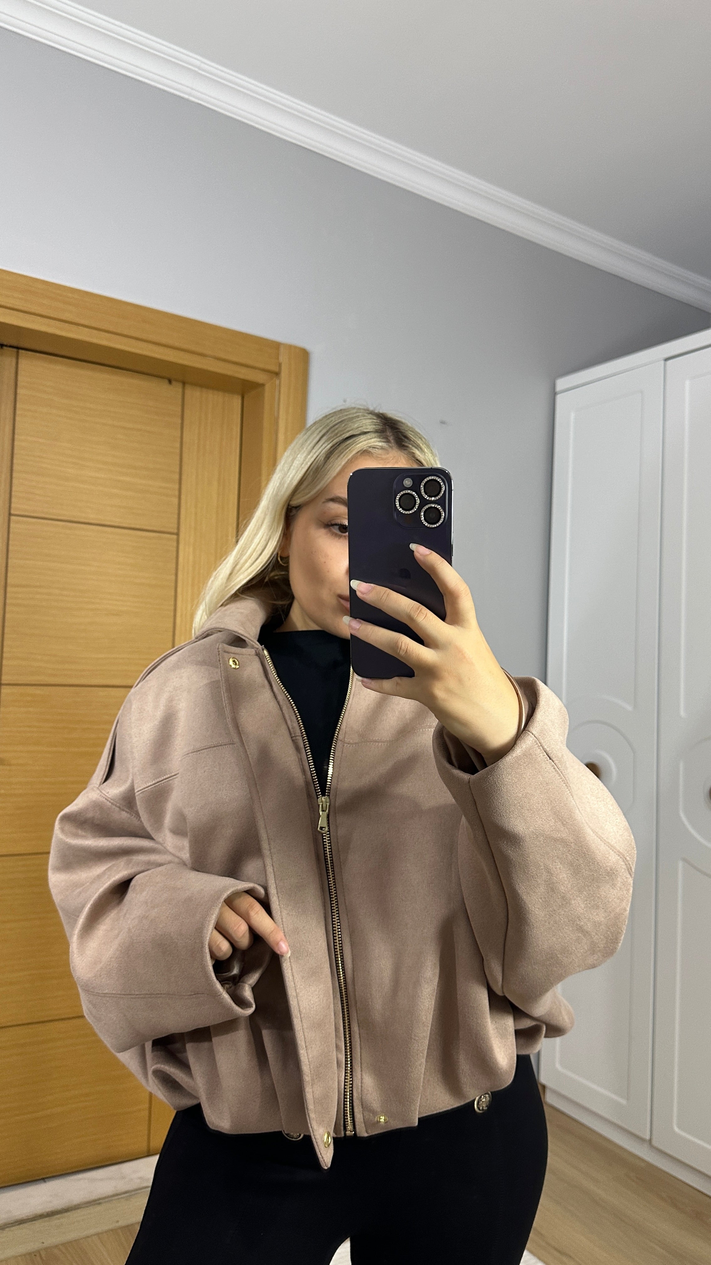 Koyu bej dökümlü premium bomber ceket