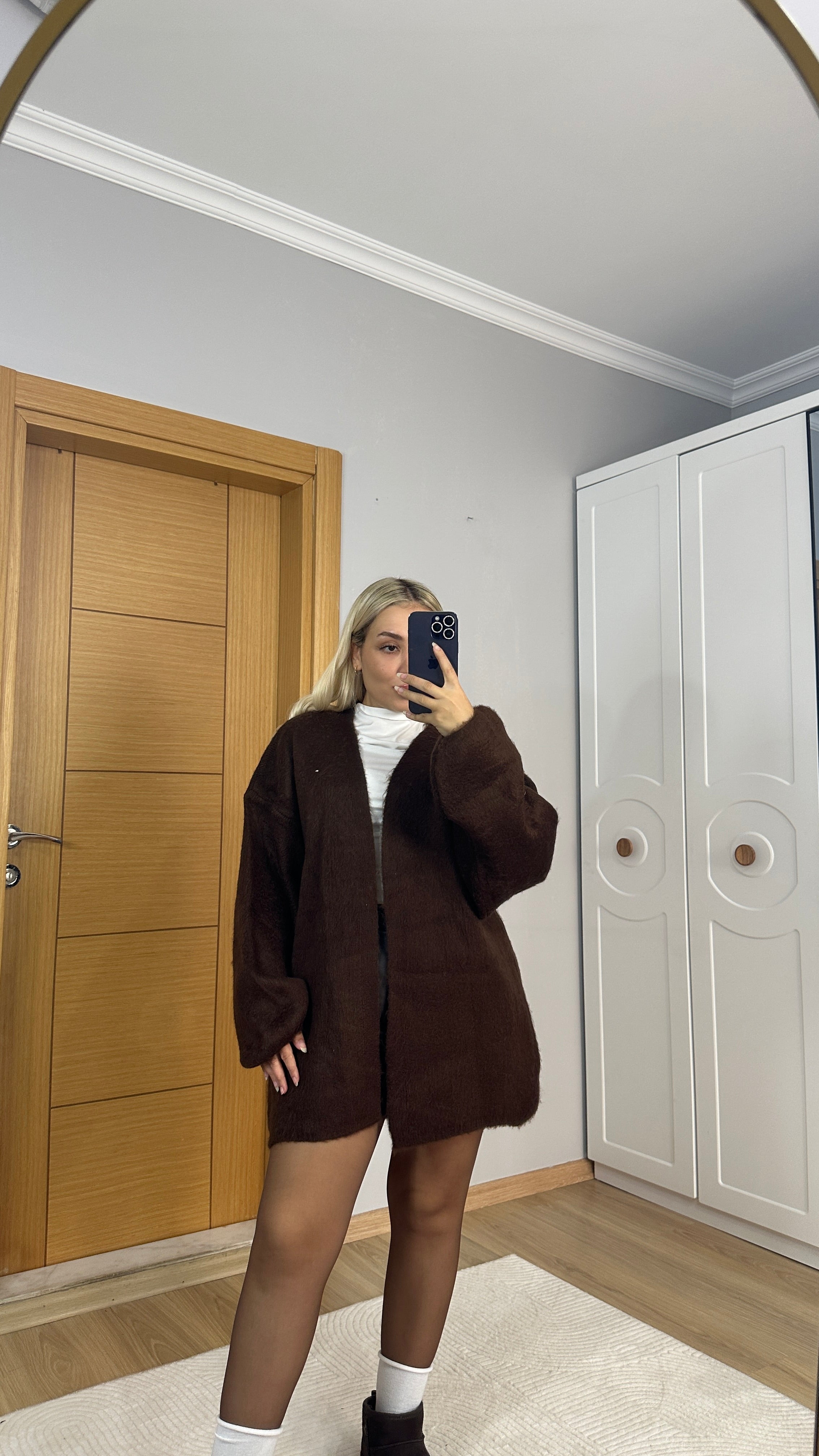 Balon kol şardonlu acı kahve hırka (Kemer dahil değildir)