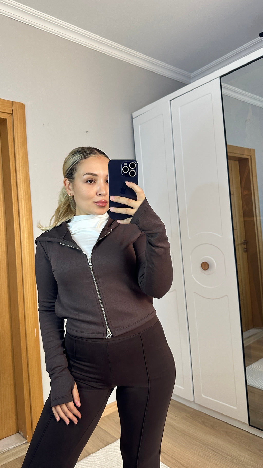 Soft touch çift fermuarlı hırka