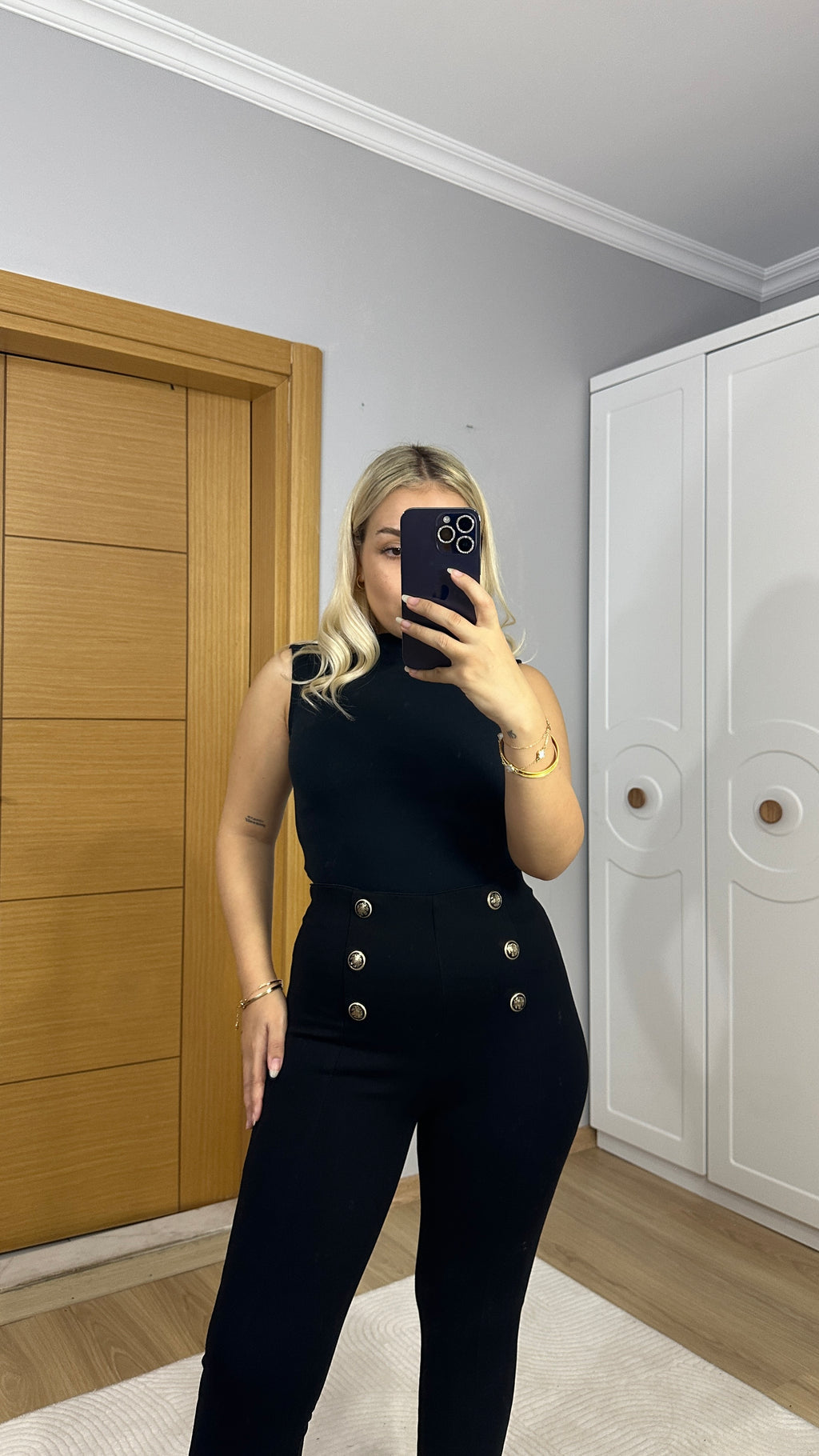 Gold düğme detaylı çelik tayt