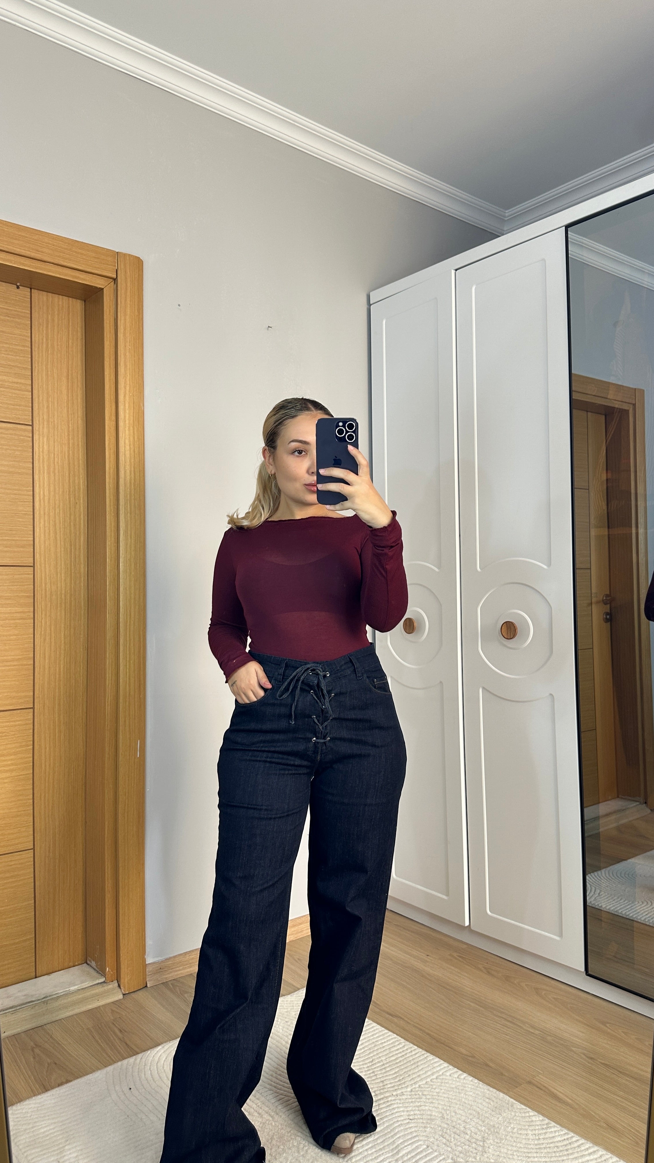 Likralı yüksel bel denim pantolon