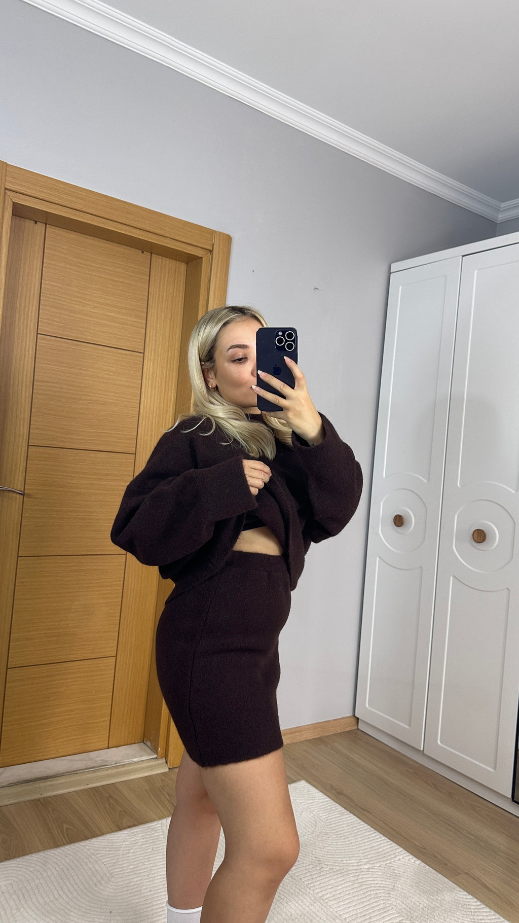 Peluş dokulu acı kahve etek takım