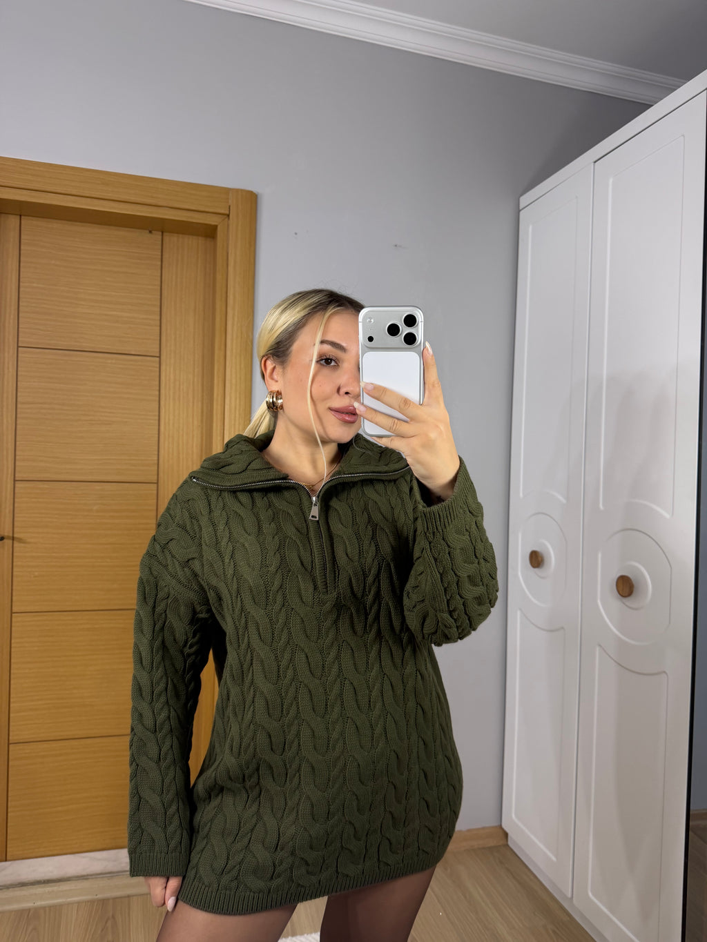 Fermuarlı Yaka Saç Örgü Triko Kazak – Haki