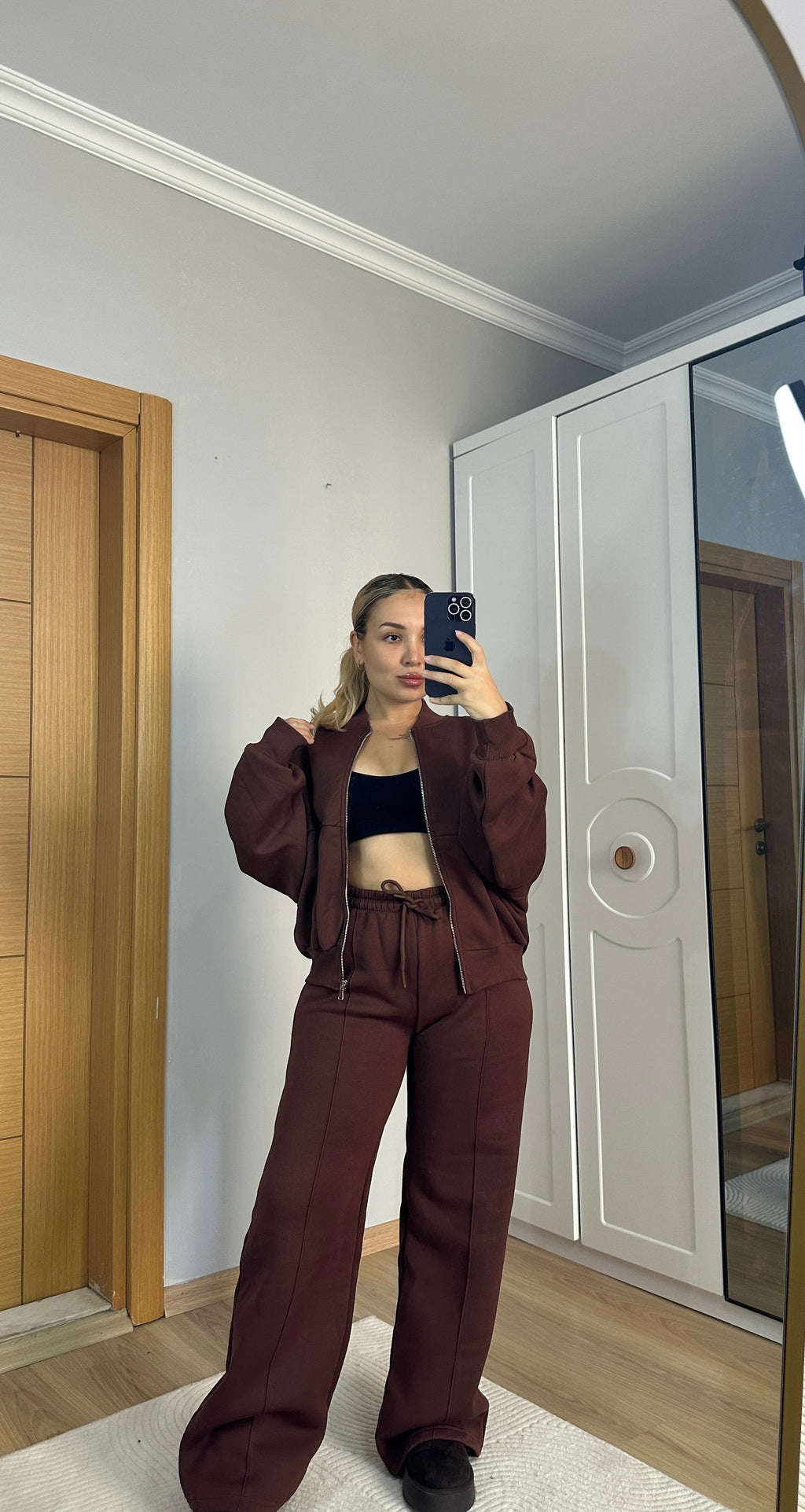 Kahve fermuarlı içi şardonlu sweat takım 🤎