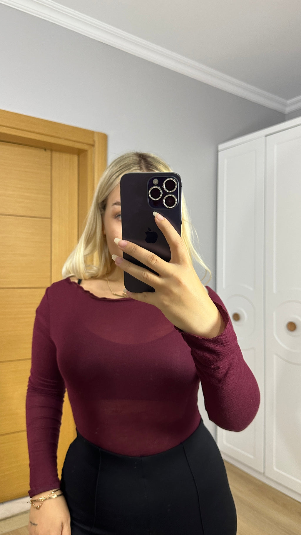 Bordo transparan kaşmir bluz - Yırtık yaka detaylı