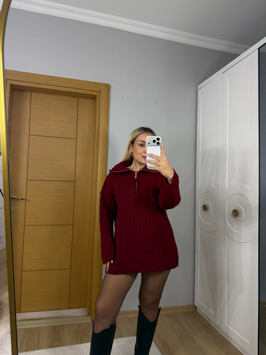 Fermuarlı Yaka Saç Örgü Triko Kazak – Bordo