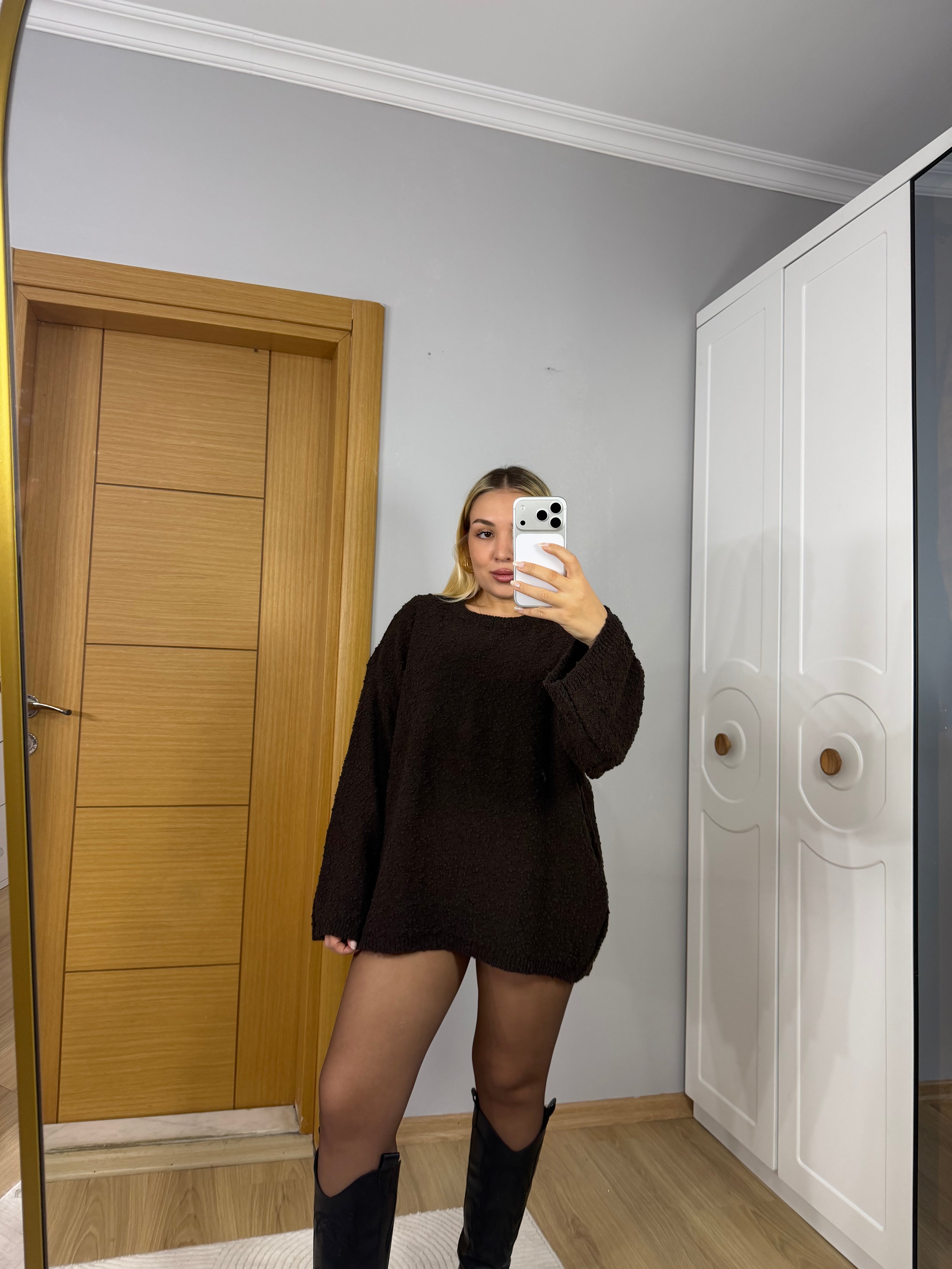 Bukle Dokulu Oversize Triko Kazak – Acı Kahve