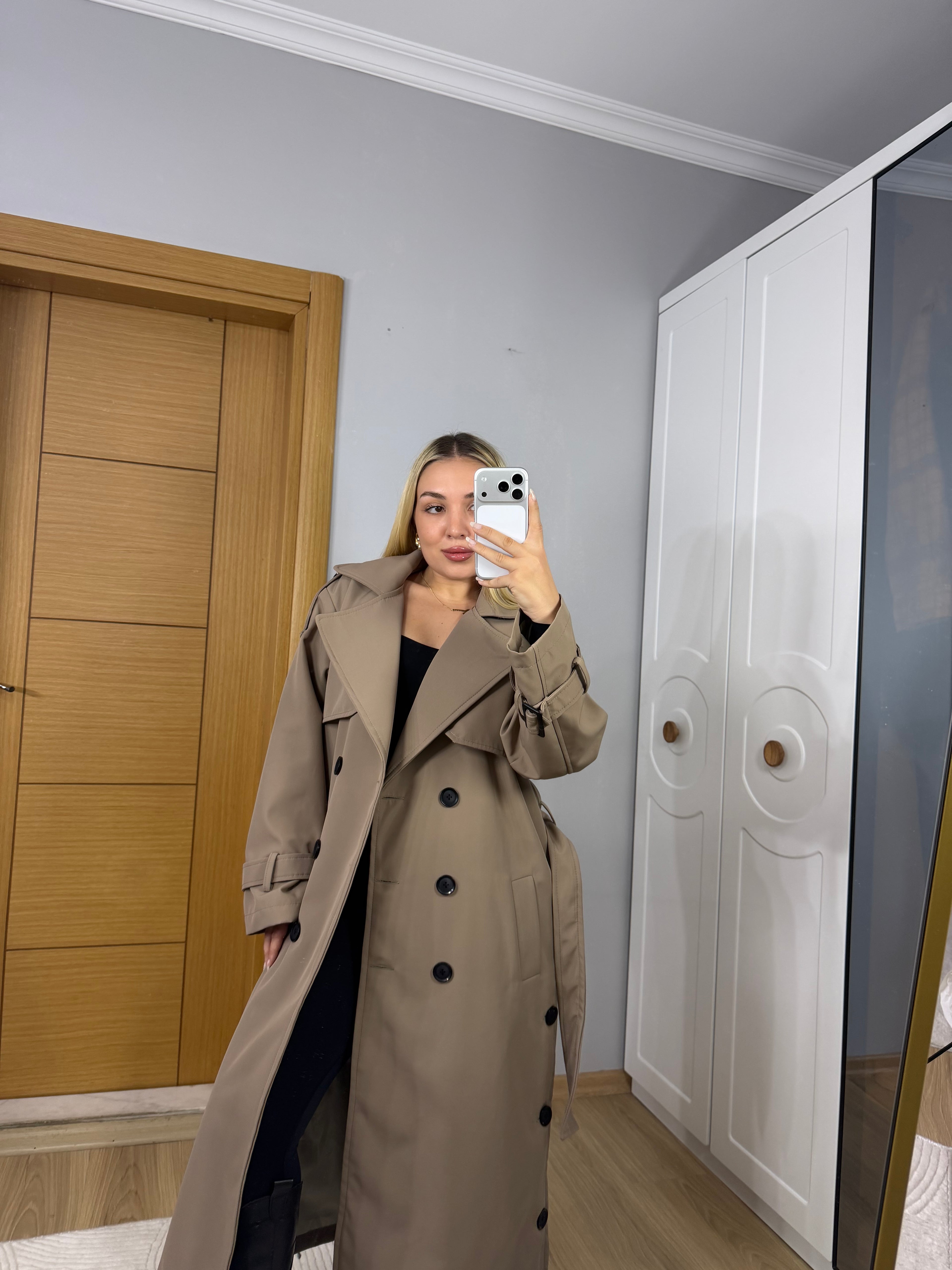 Premium Kalite Kemerli Trençkot – Vizon