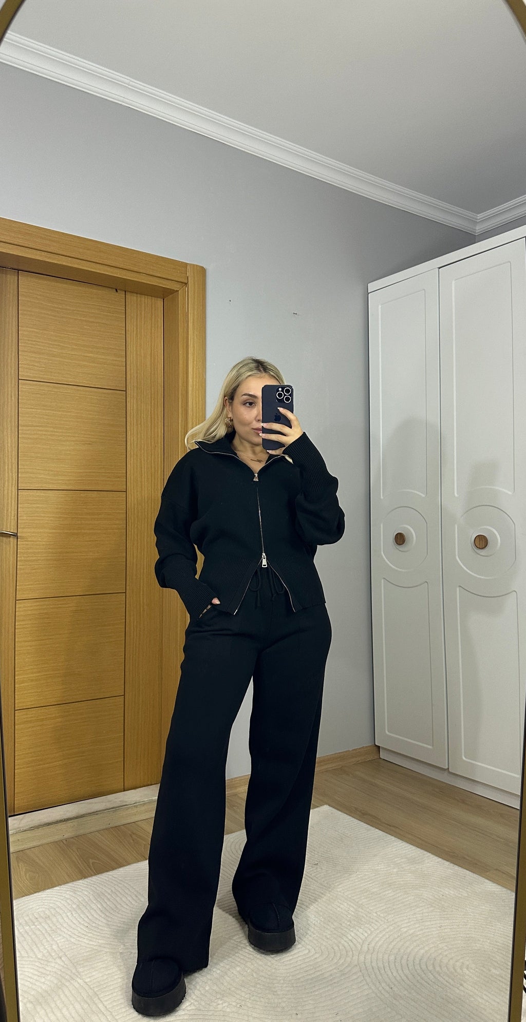 Çift fermuarlı triko takım - Siyah