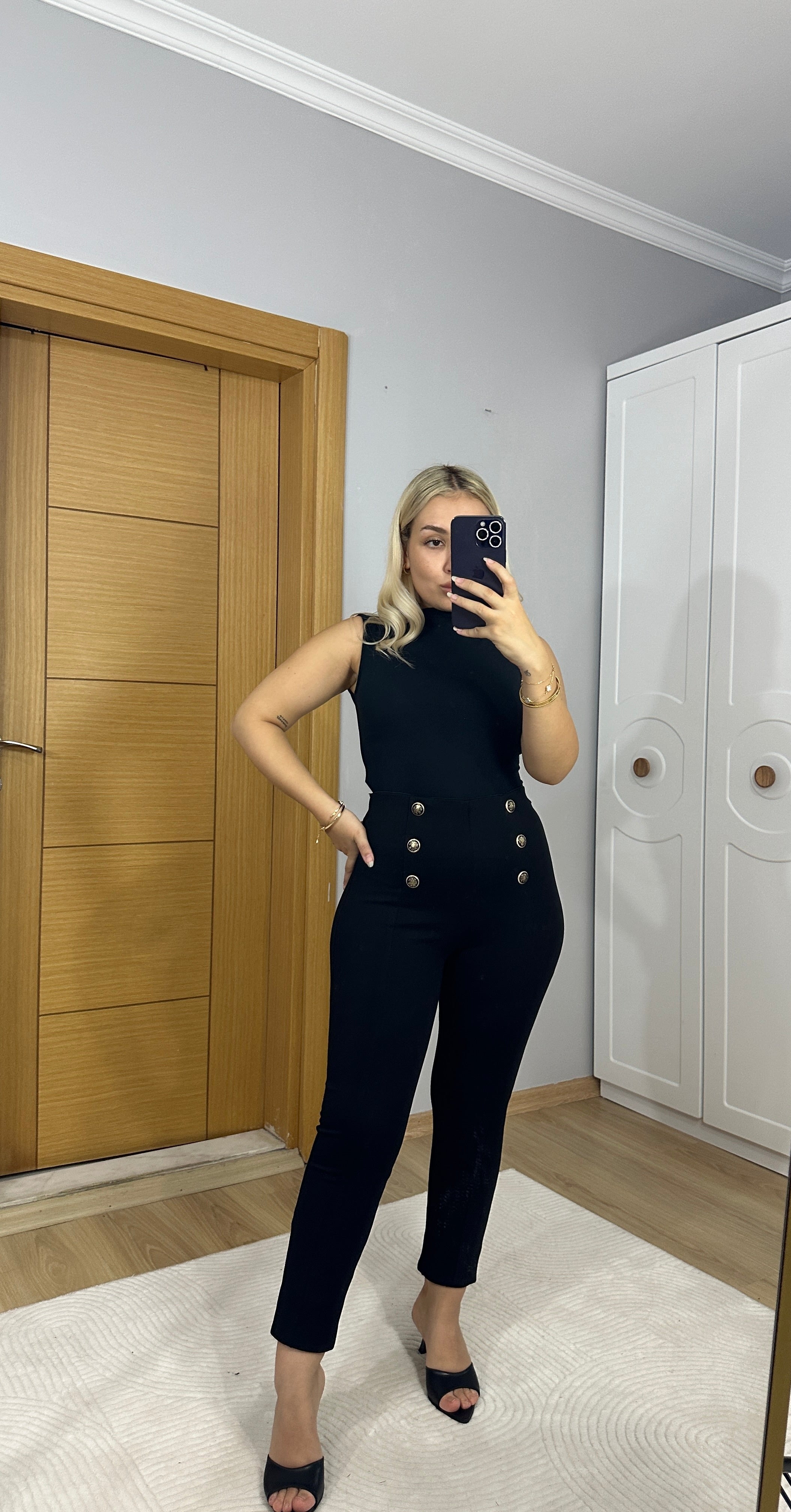 Gold düğme detaylı çelik tayt