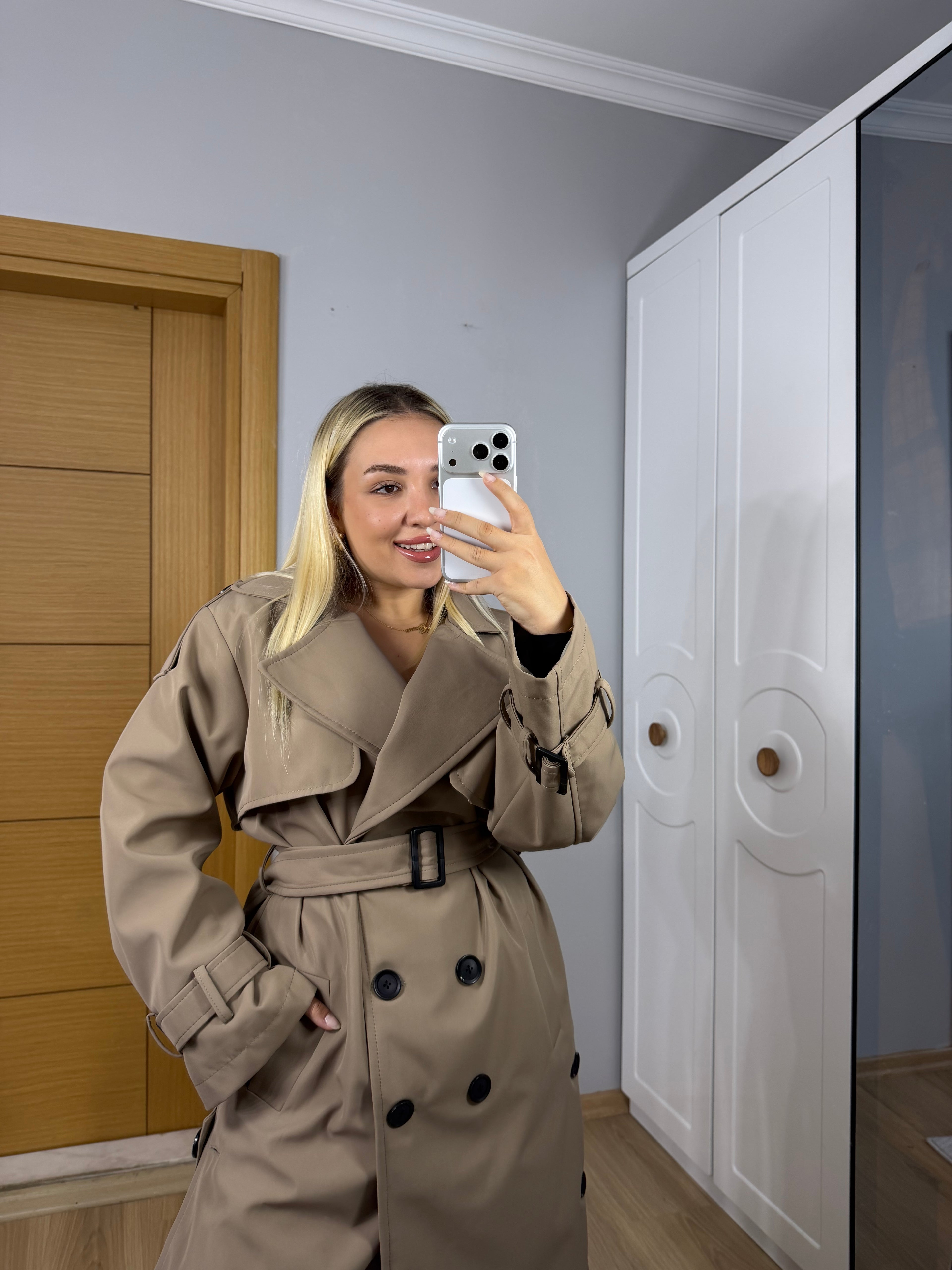 Premium Kalite Kemerli Trençkot – Vizon