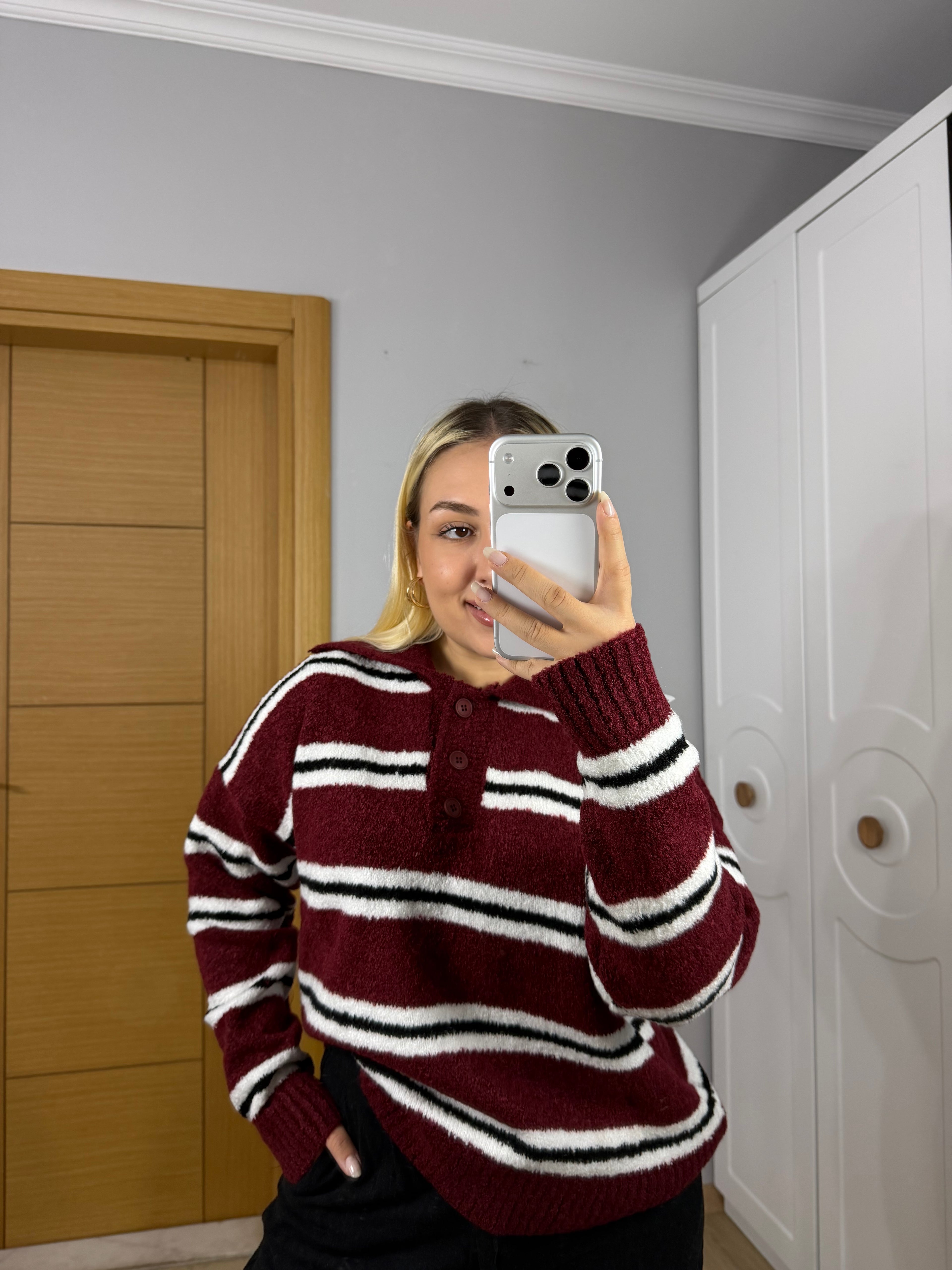 Retro Çizgili Yumuşacık Oversize Triko Kazak - Bordo