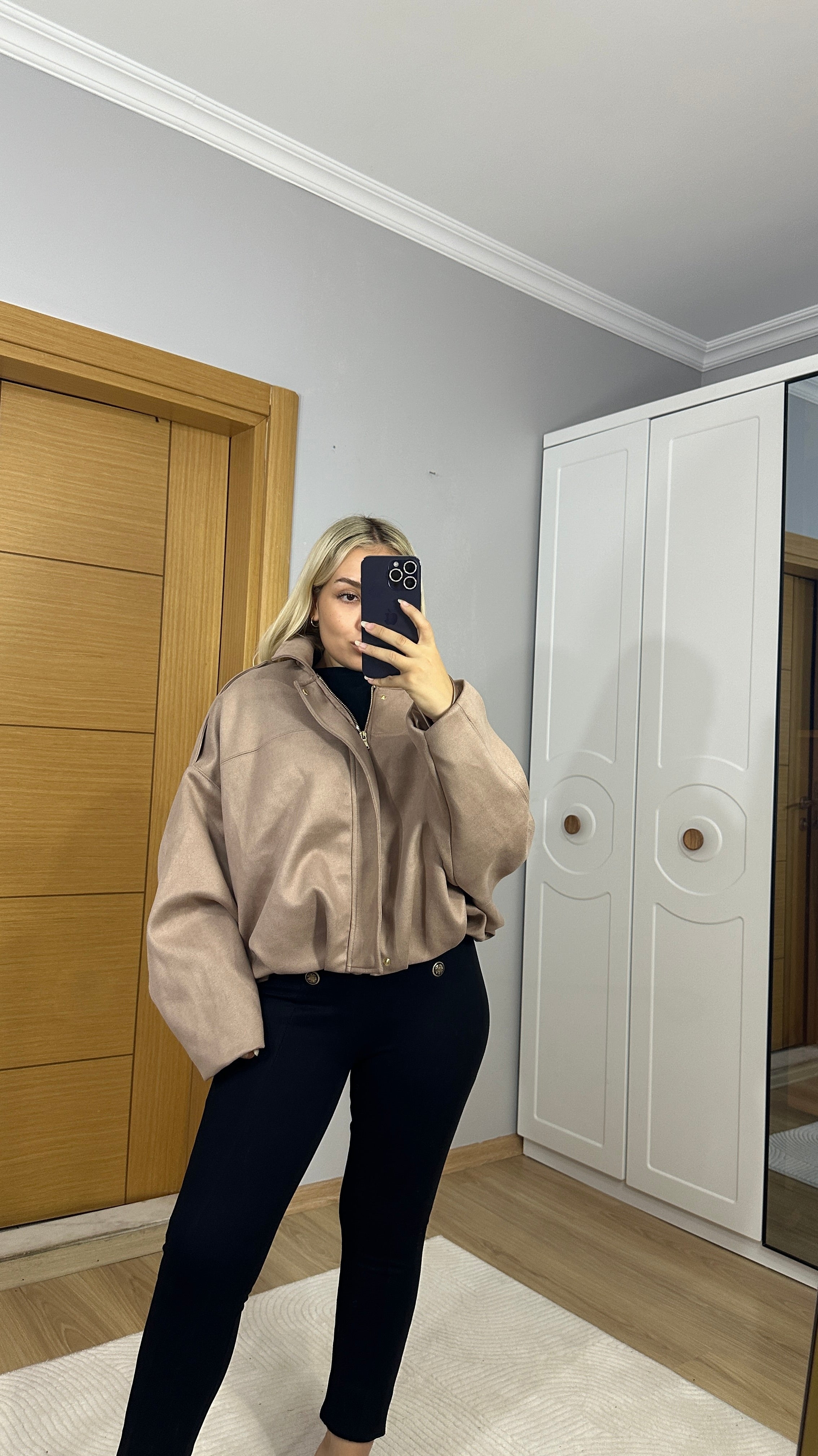 Koyu bej dökümlü premium bomber ceket