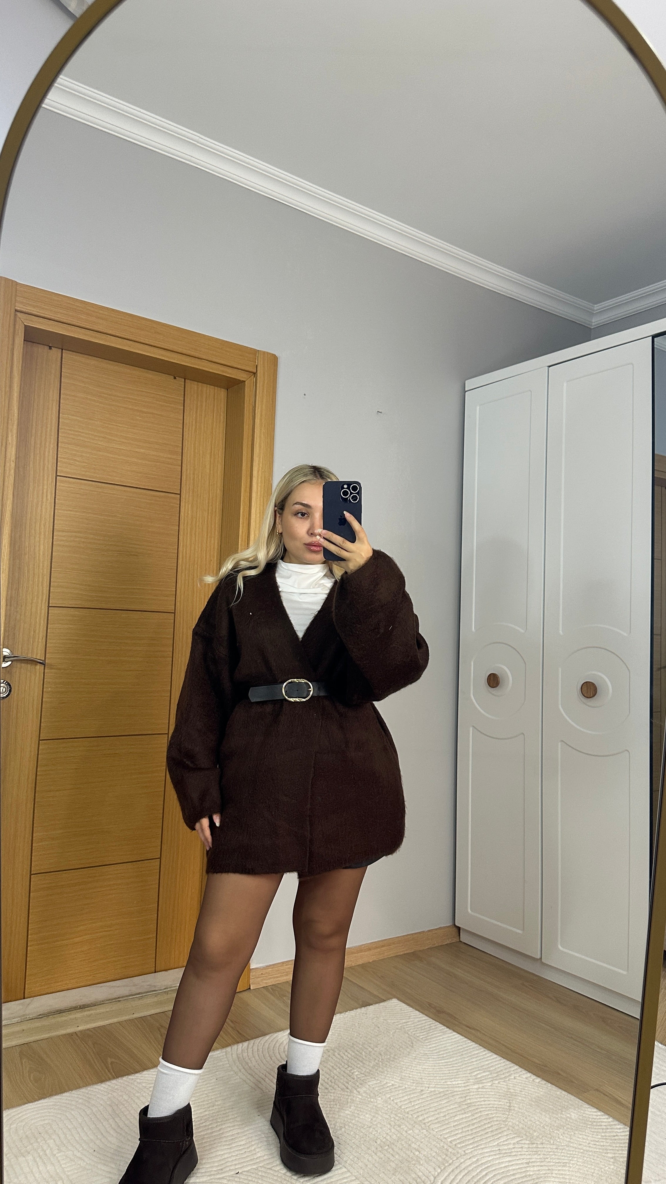 Balon kol şardonlu acı kahve hırka (Kemer dahil değildir)