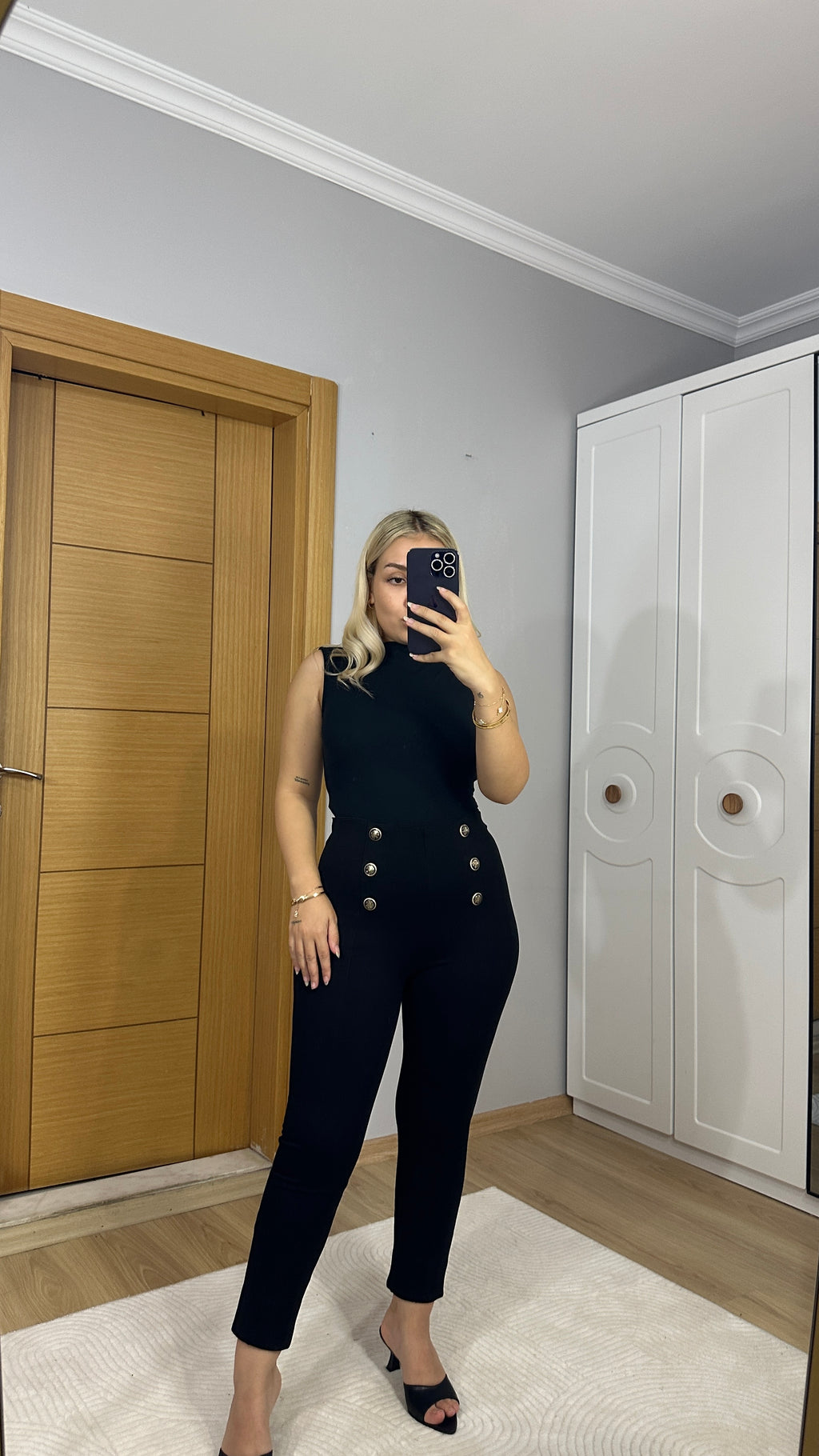 Gold düğme detaylı çelik tayt