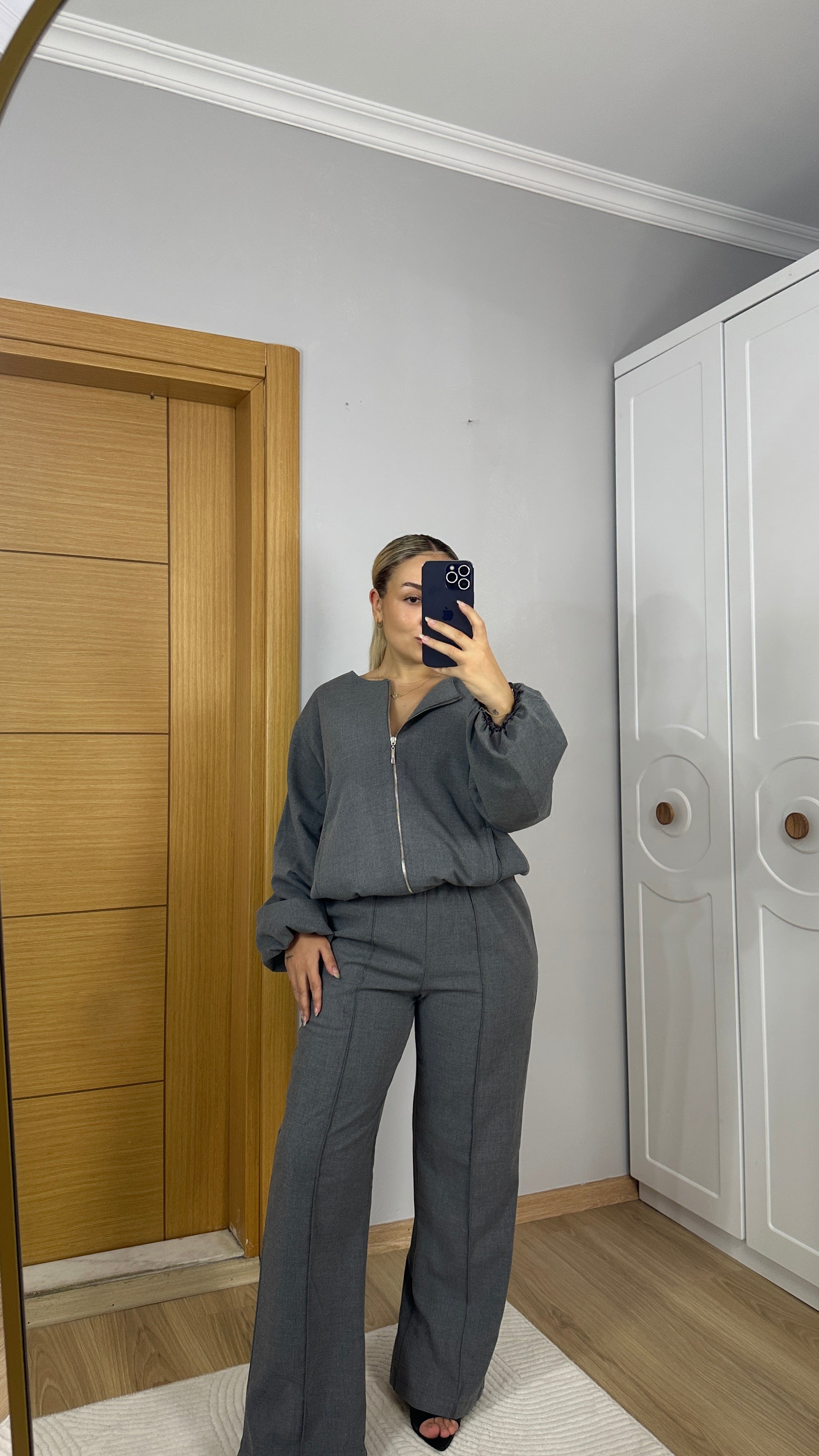 Gri fermuarlı Bomber ceket pantolon takım