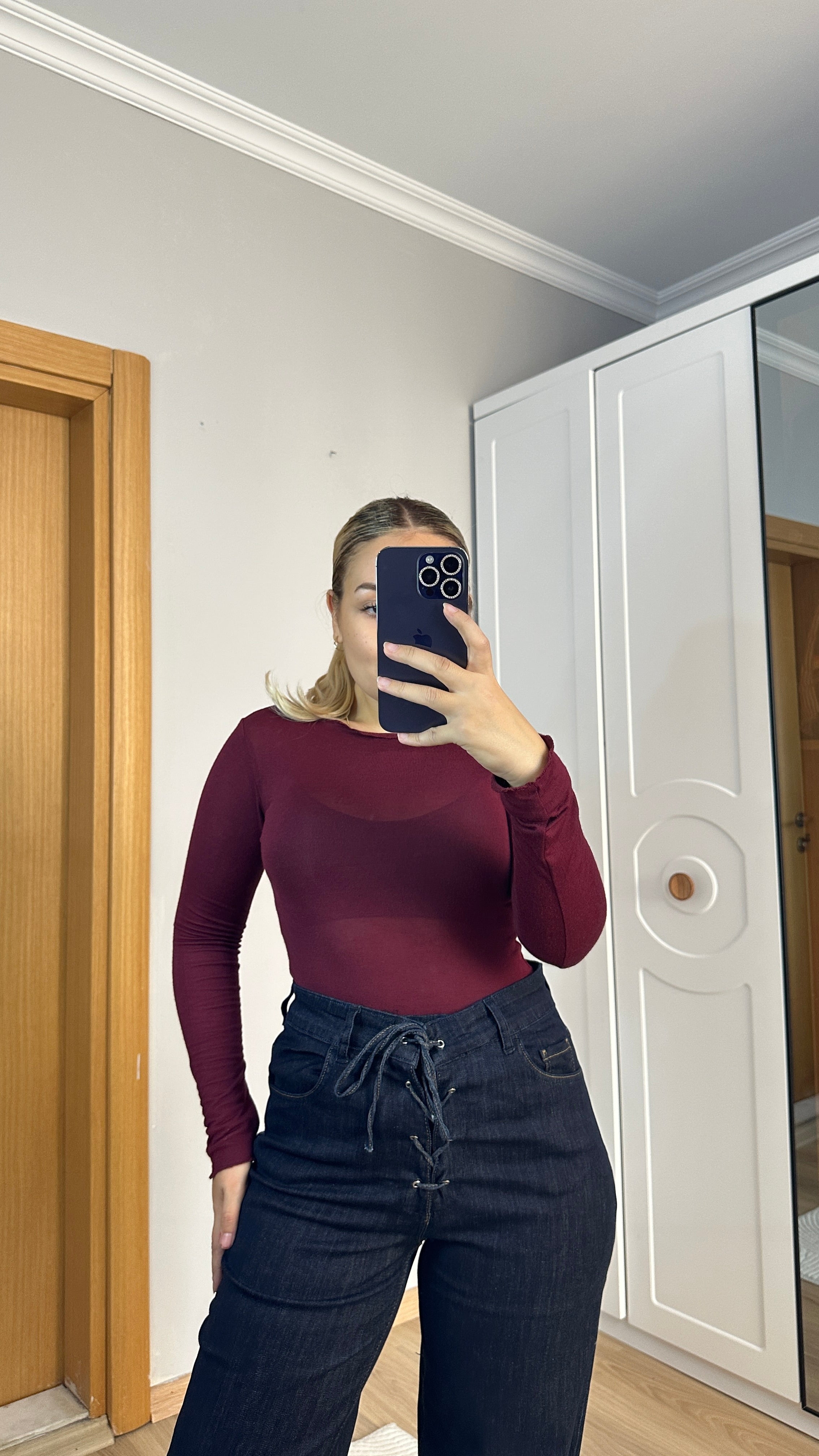 Likralı yüksel bel denim pantolon