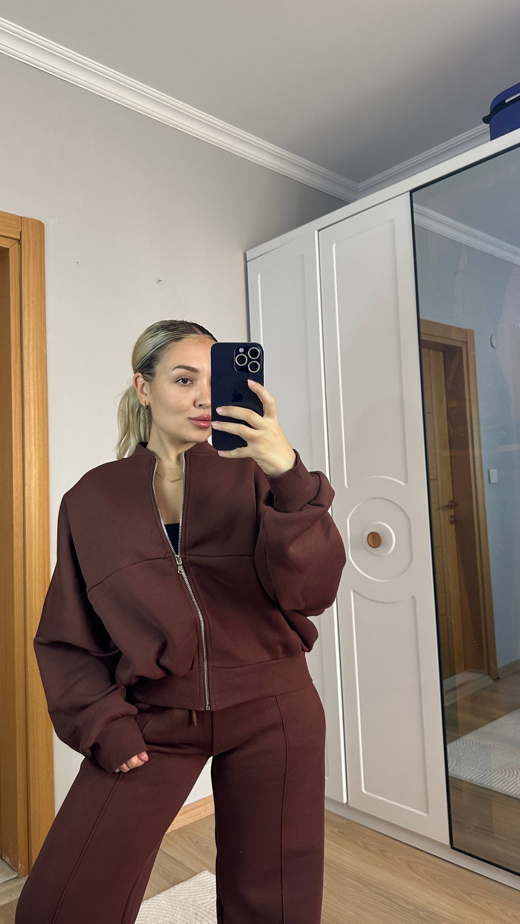 Kahve fermuarlı içi şardonlu sweat takım 🤎