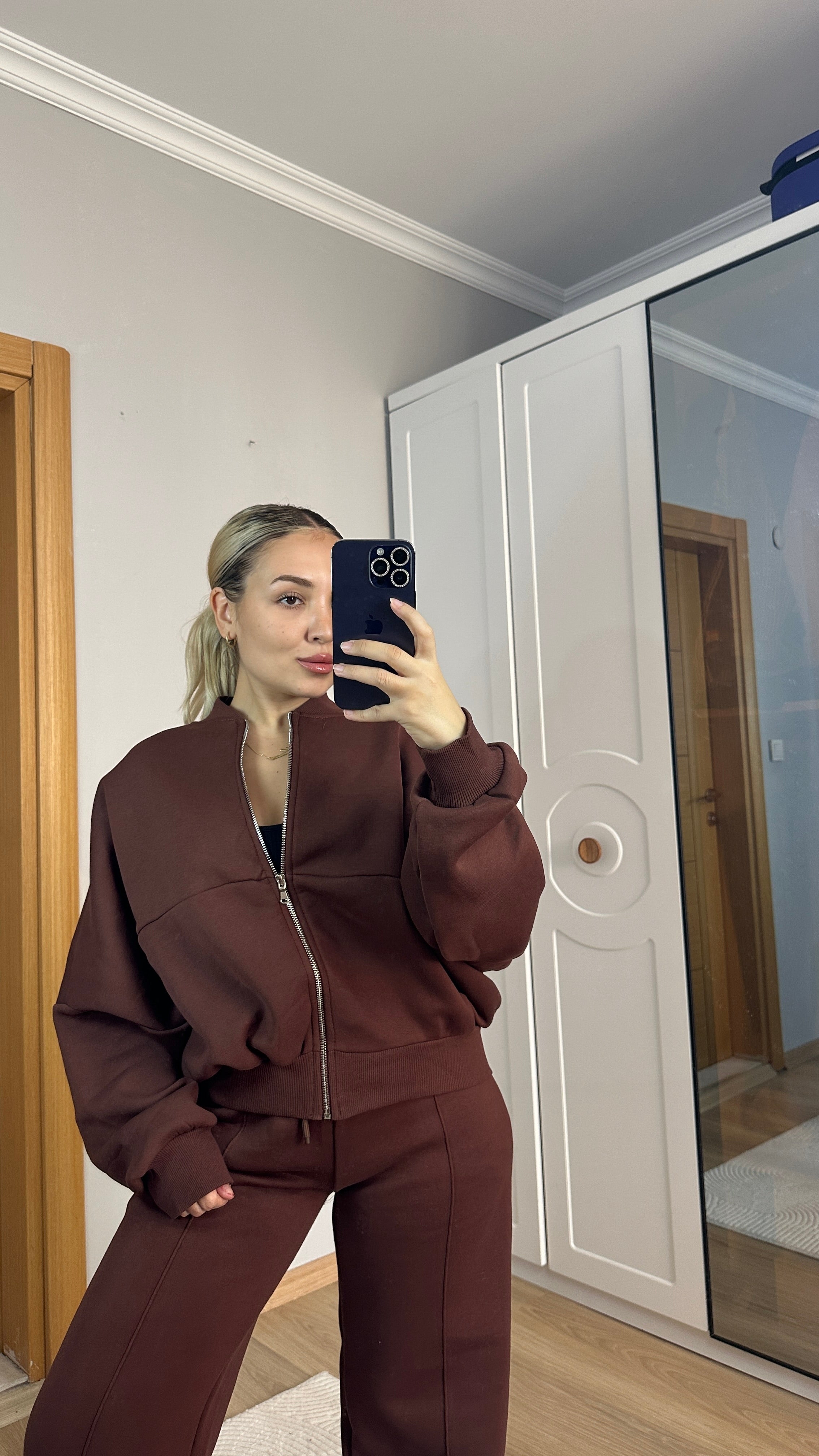 Kahve fermuarlı içi şardonlu sweat takım 🤎