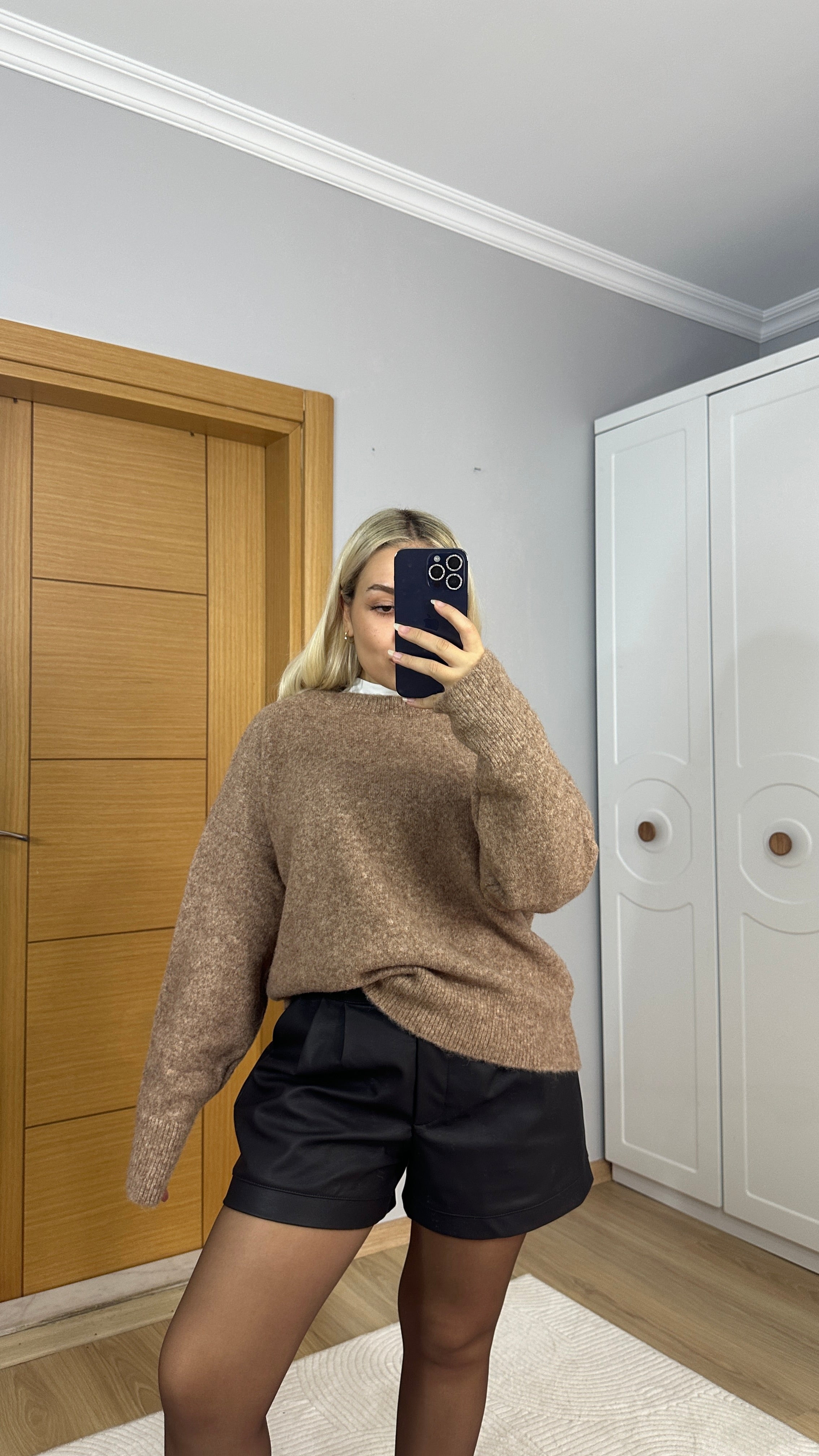 Bisiklet yaka somon rengi kazak - Yumuşak dokulu