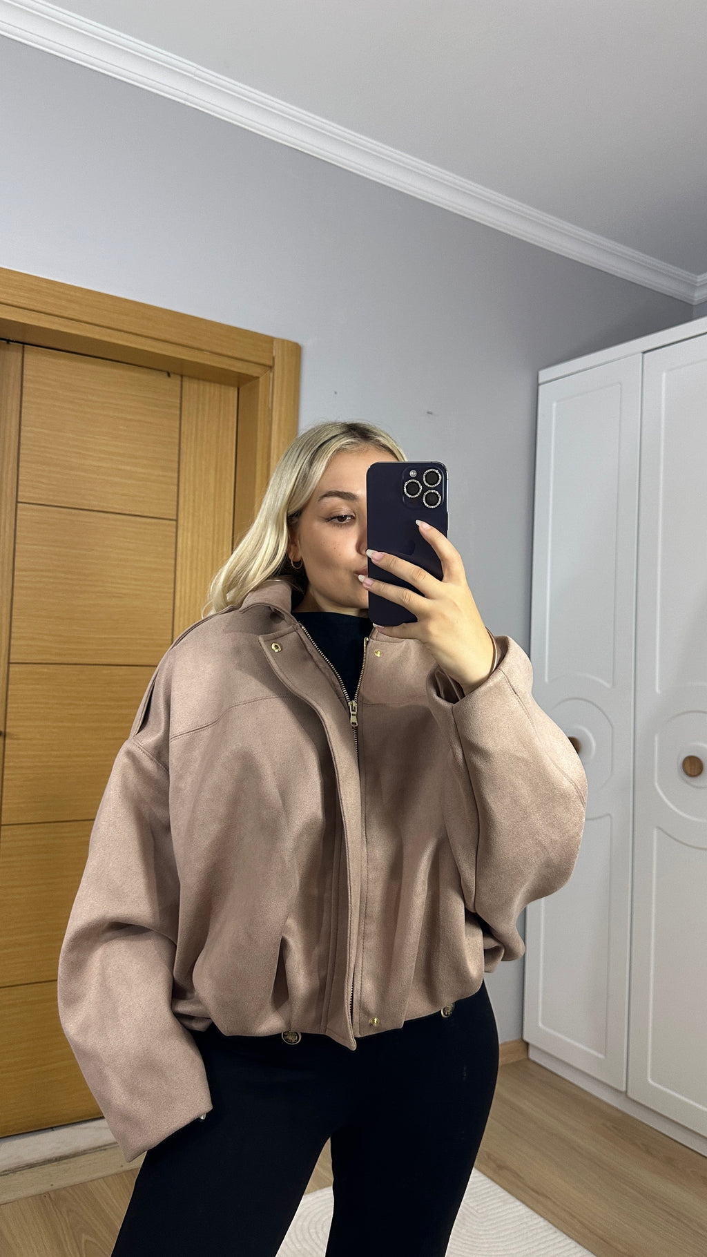 Koyu bej dökümlü premium bomber ceket