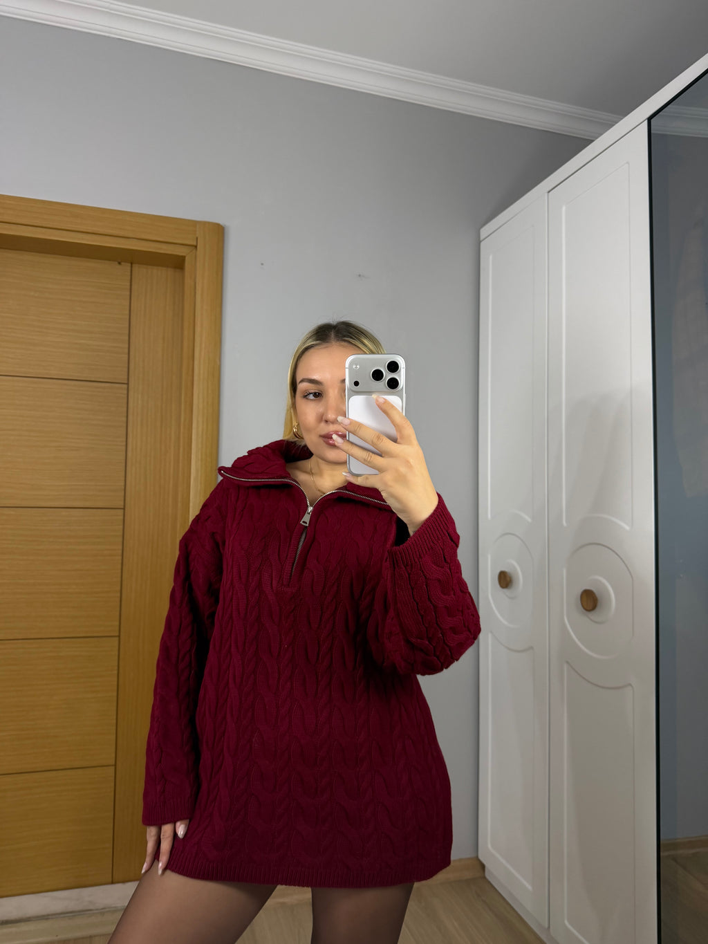 Fermuarlı Yaka Saç Örgü Triko Kazak – Bordo