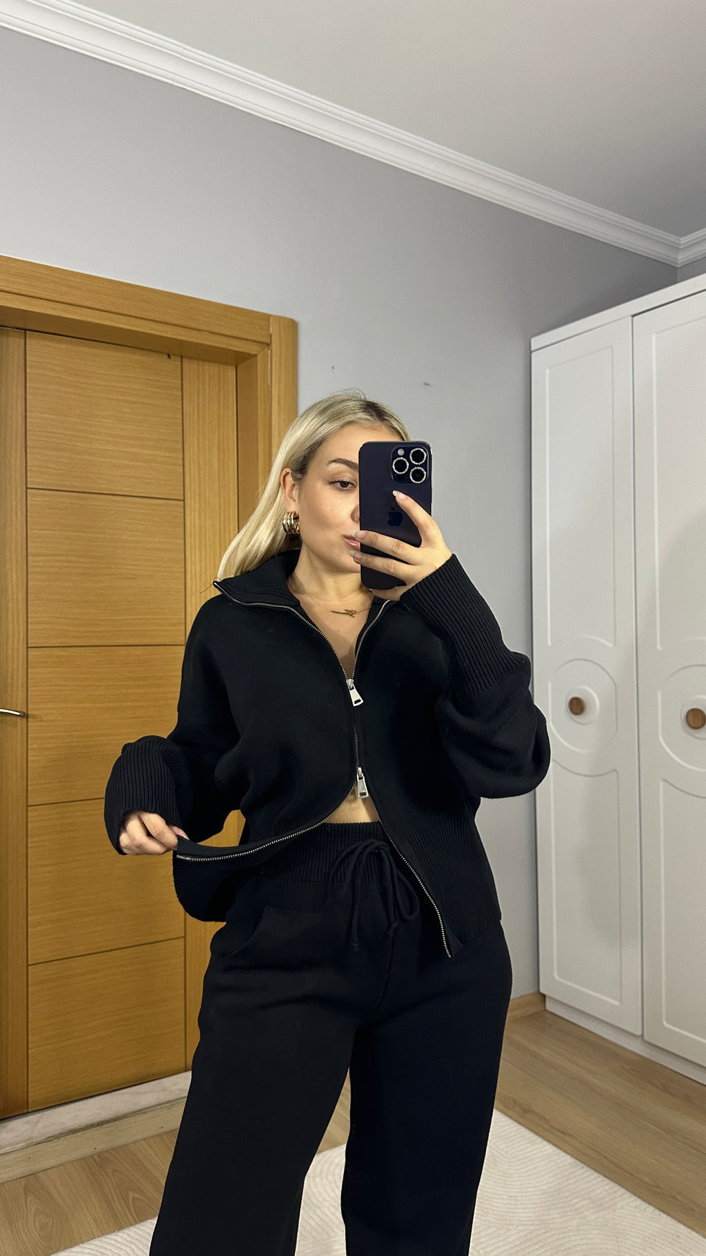 Çift fermuarlı triko takım - Siyah