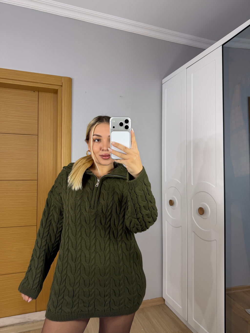 Fermuarlı Yaka Saç Örgü Triko Kazak – Haki