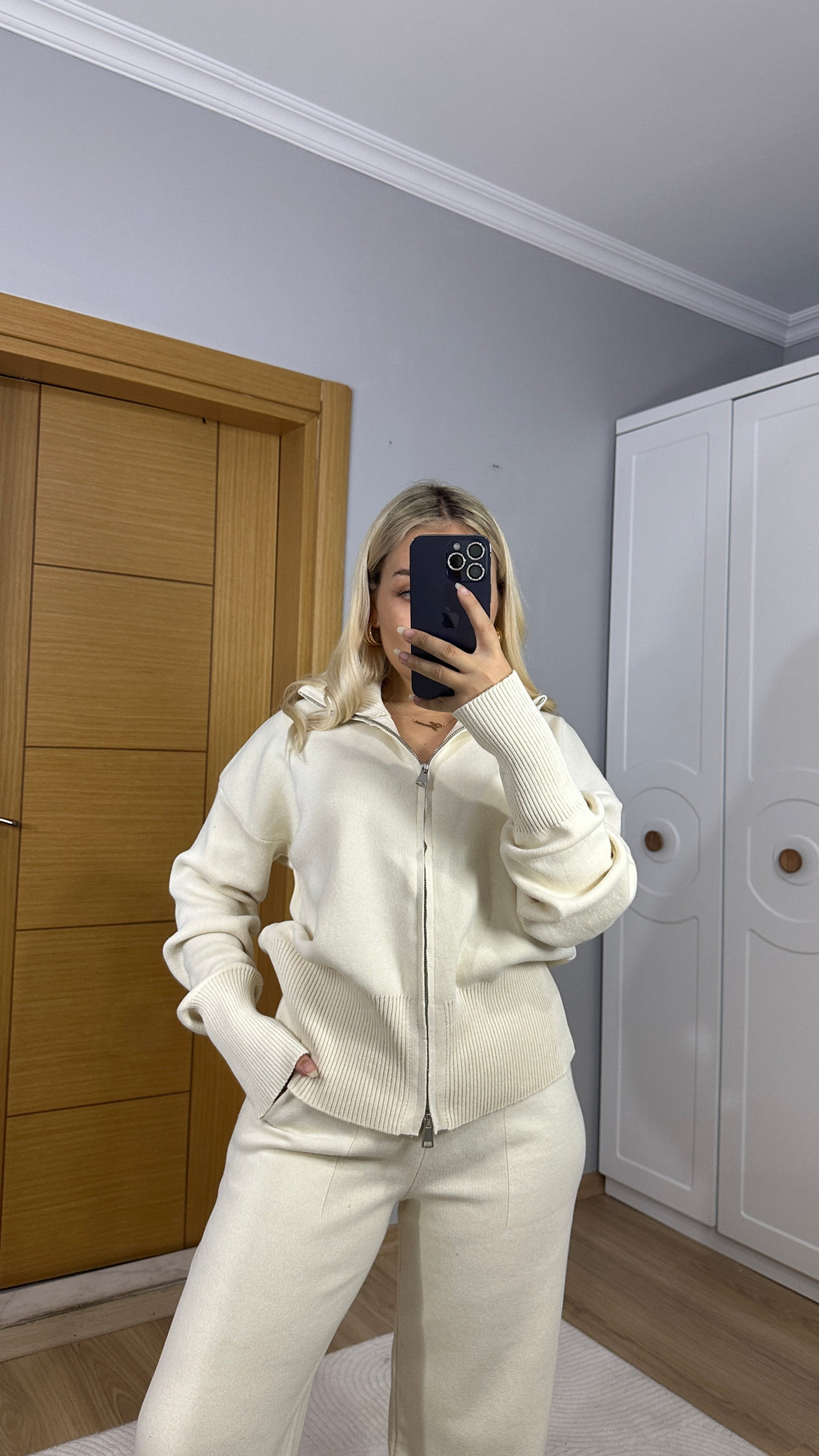 Çift fermuarlı triko takım - Krem