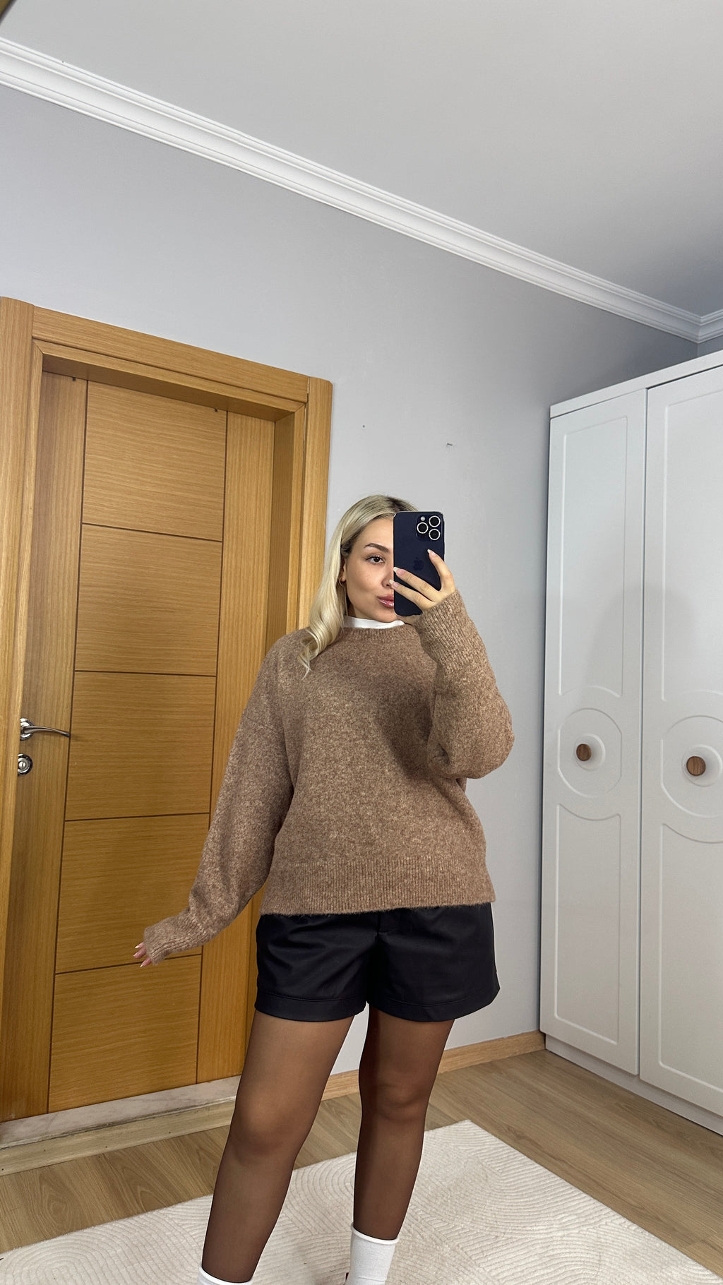 Bisiklet yaka somon rengi kazak - Yumuşak dokulu