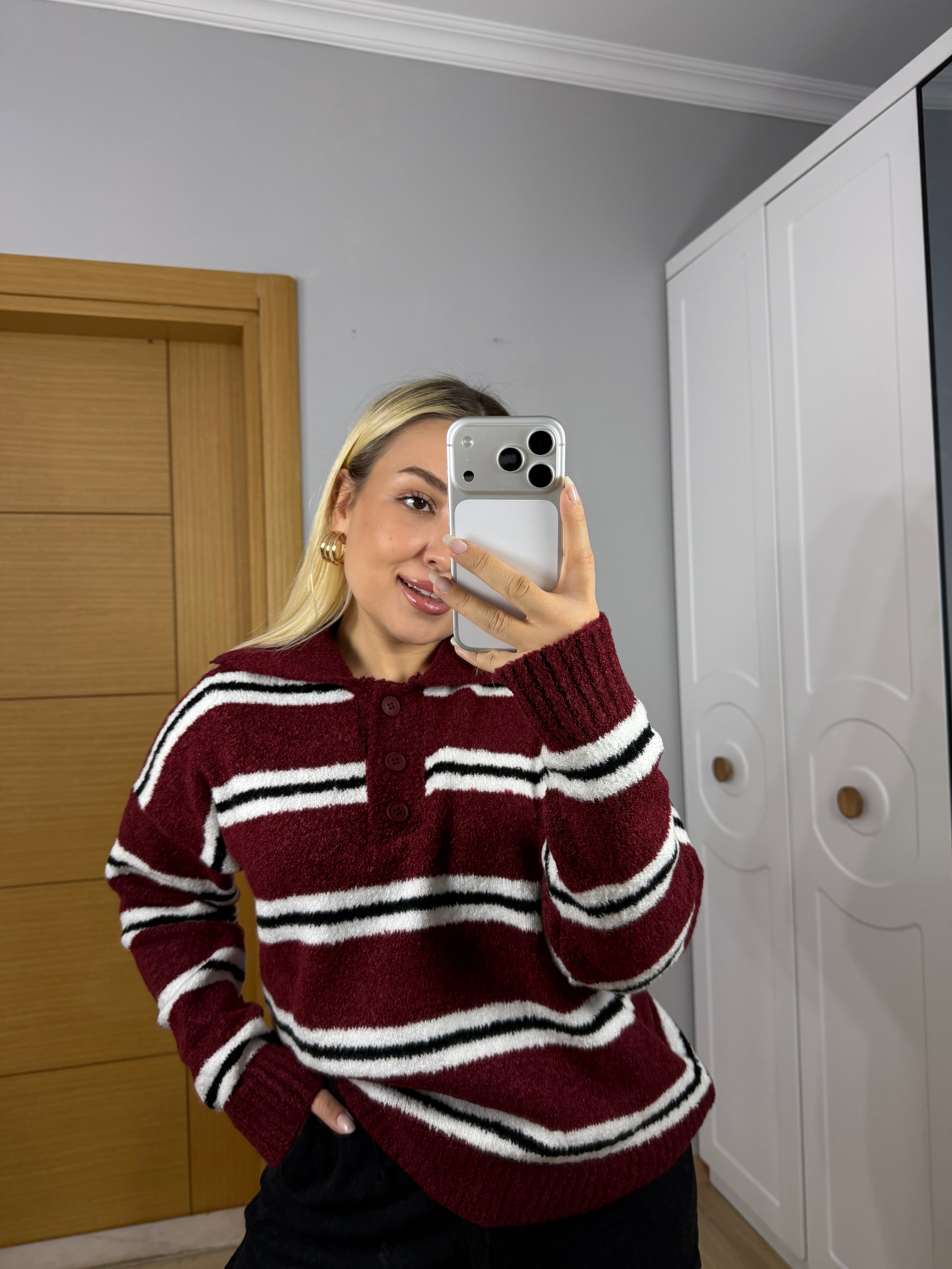 Retro Çizgili Yumuşacık Oversize Triko Kazak - Bordo