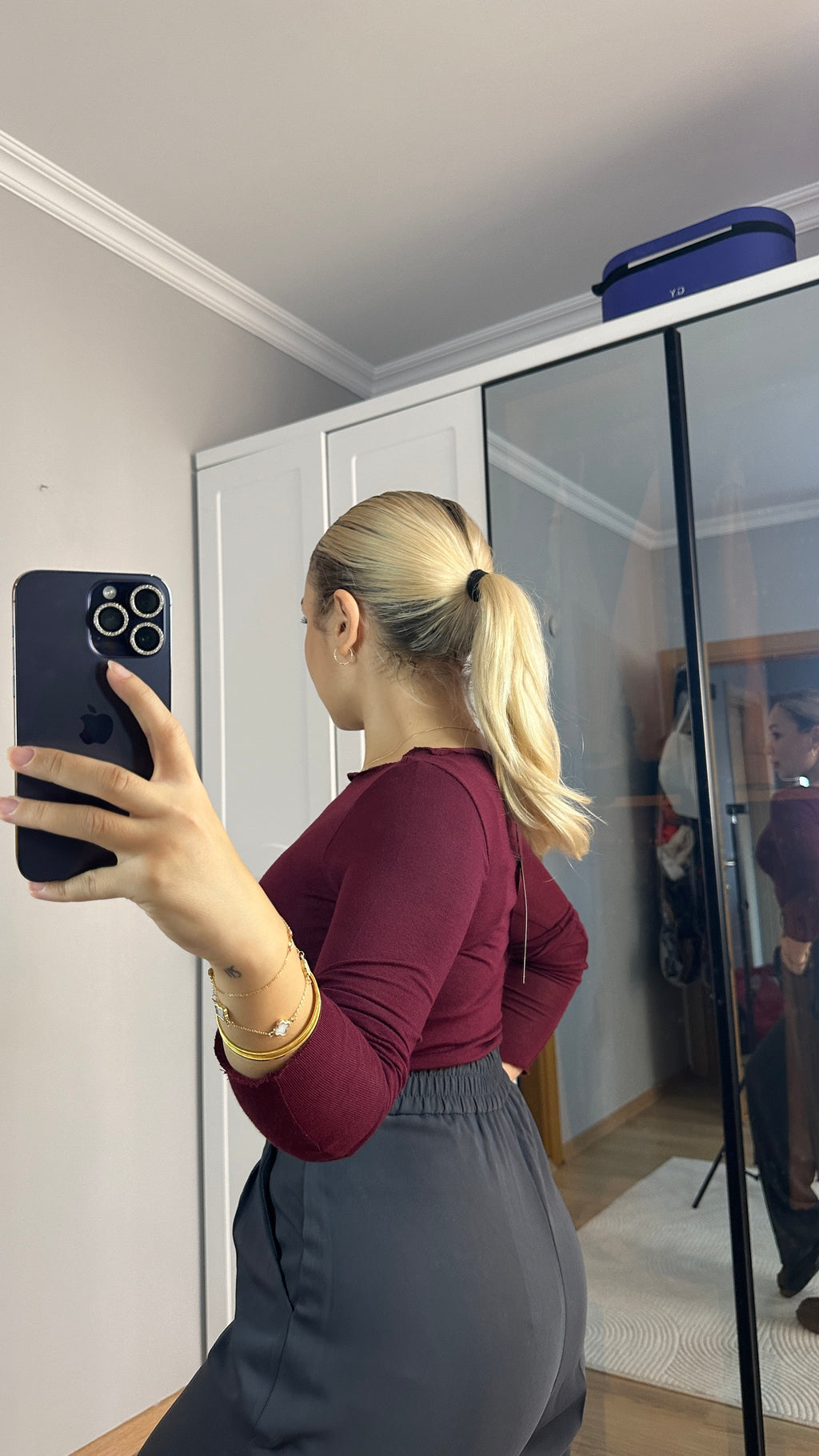 Gold düğme detaylı gri palazzo pantolon