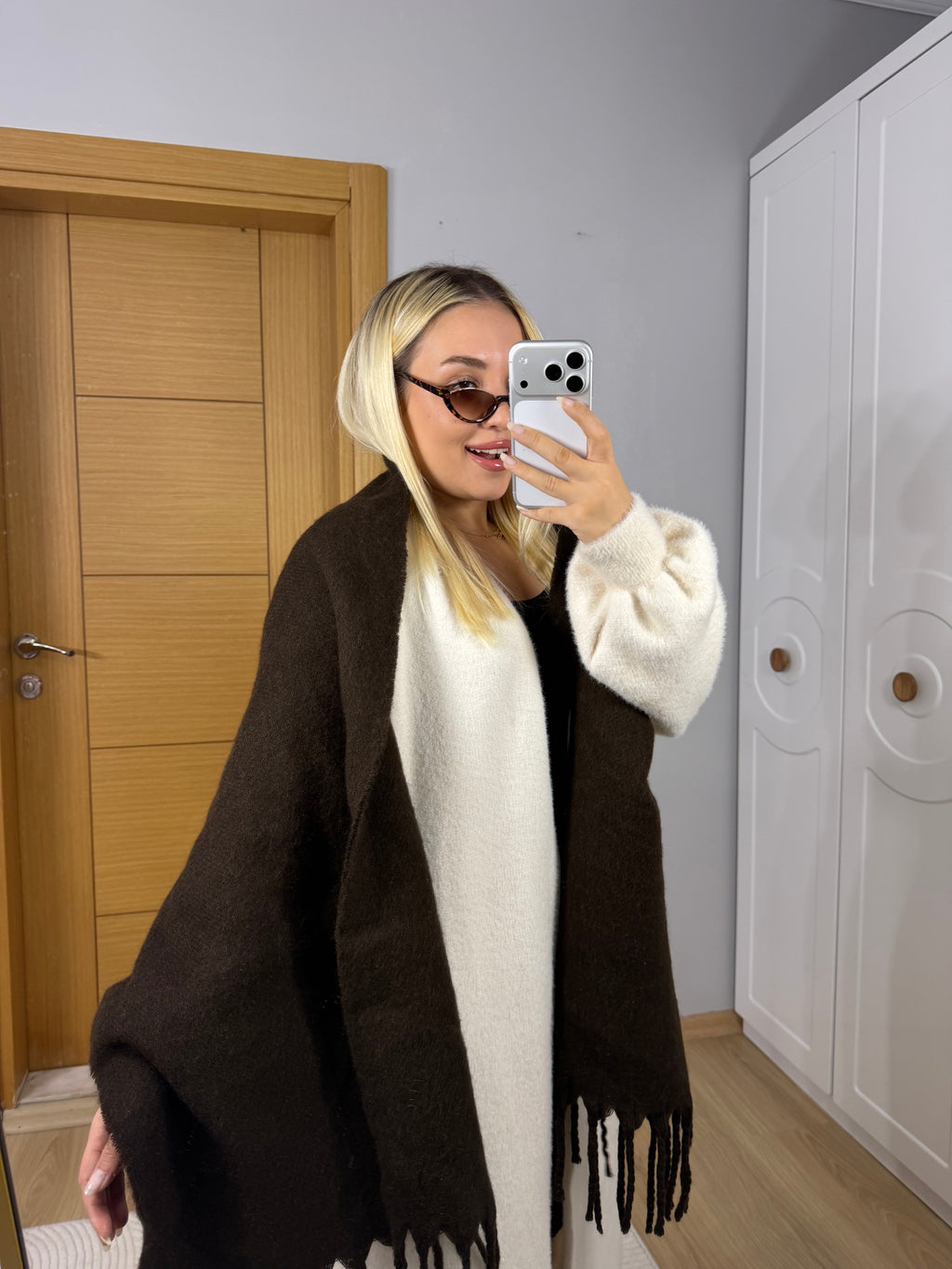 Premium Dokulu Kışlık Atkı - Acı kahve