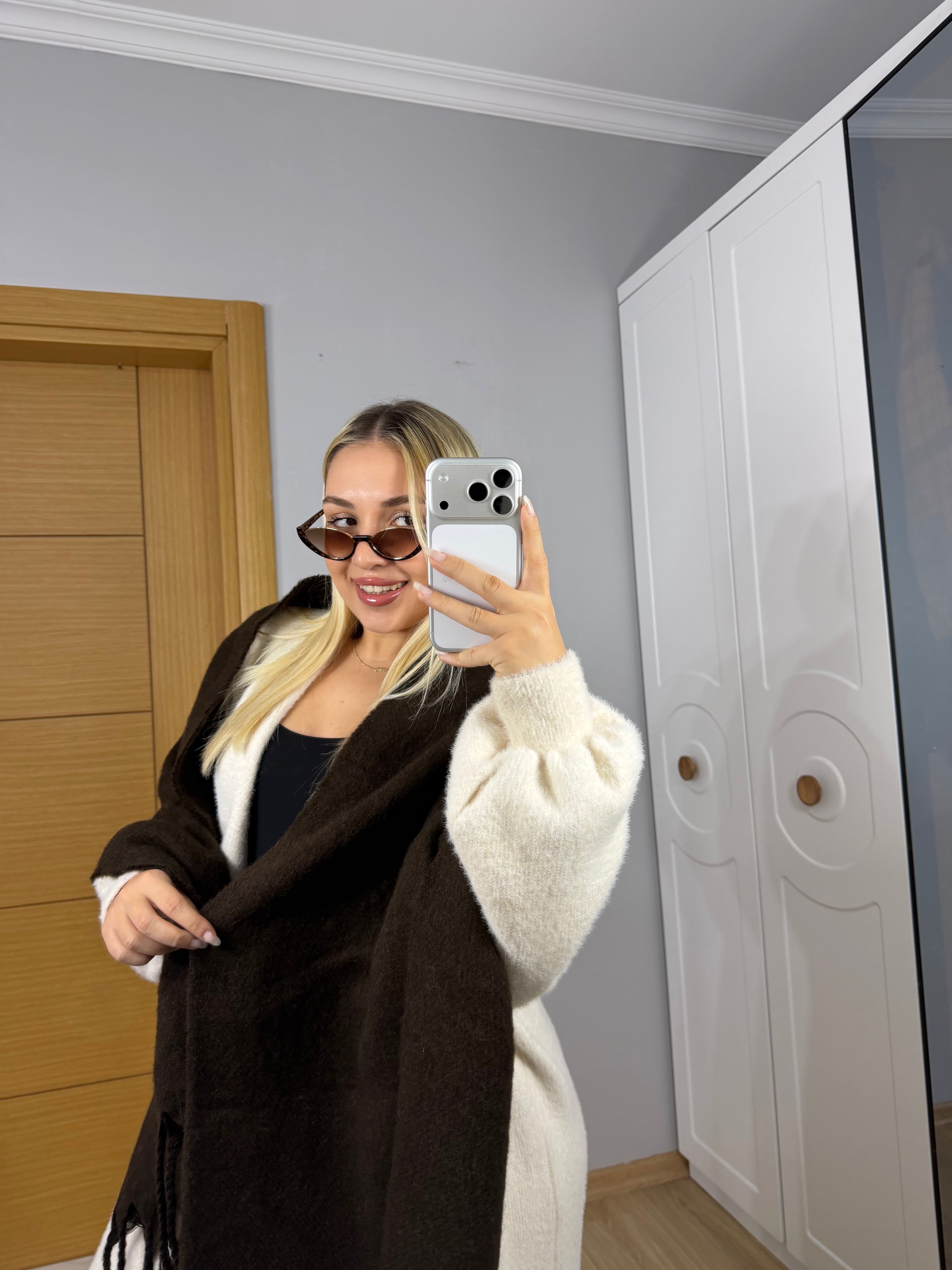 Premium Dokulu Kışlık Atkı - Acı kahve