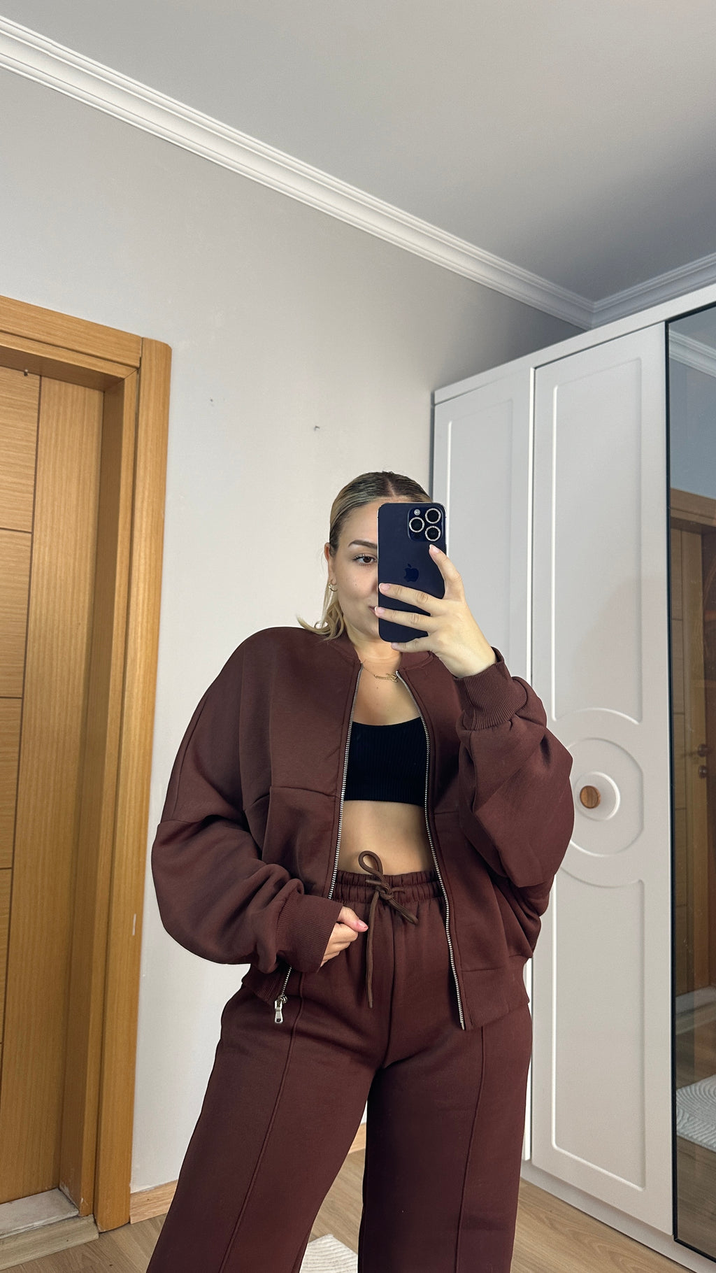 Kahve fermuarlı içi şardonlu sweat takım 🤎