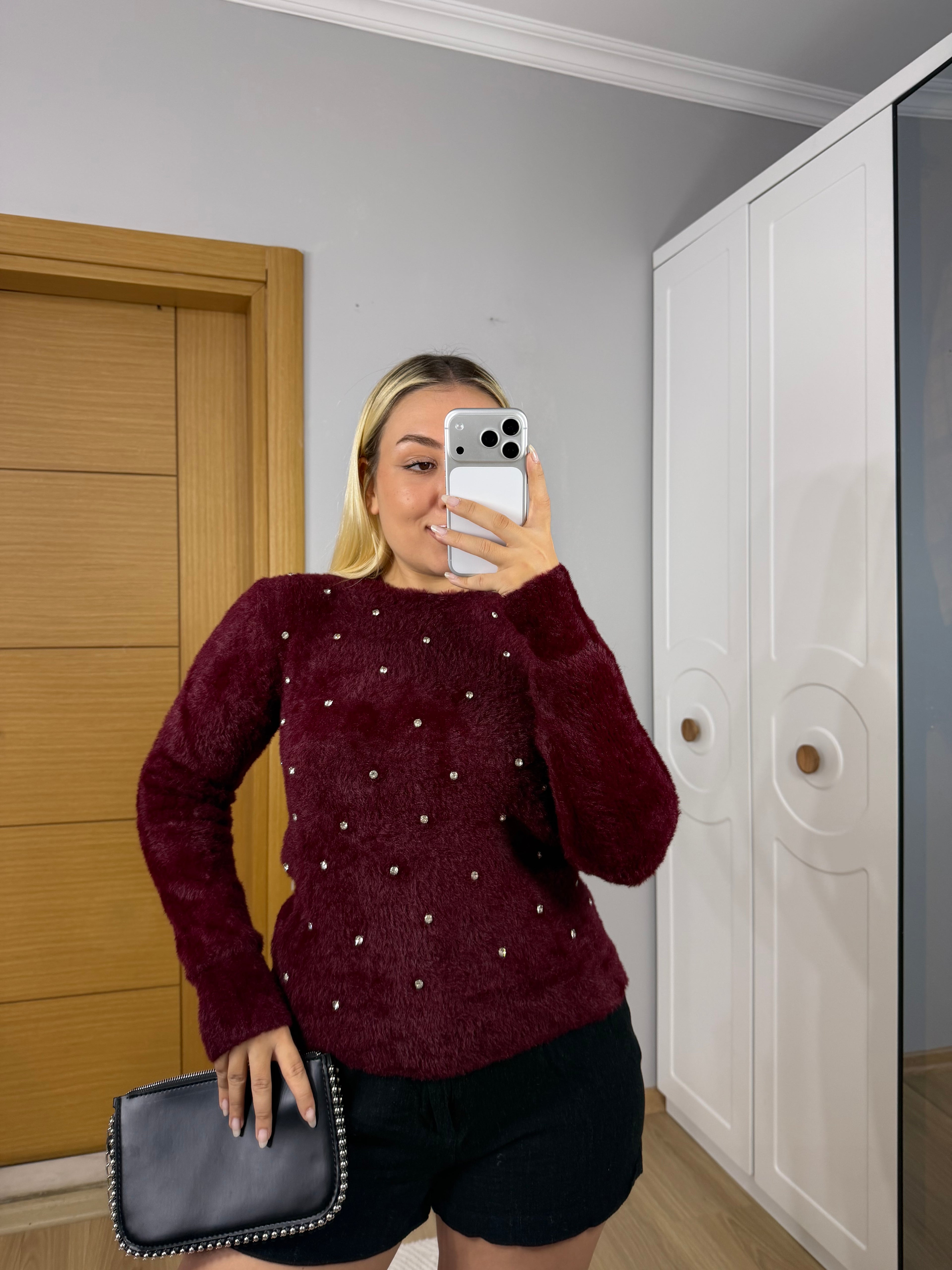 Taş Detaylı Yumoş Yumuşak Dokulu Kazak – Bordo