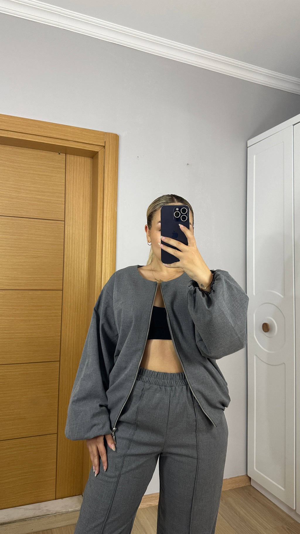 Gri fermuarlı Bomber ceket pantolon takım