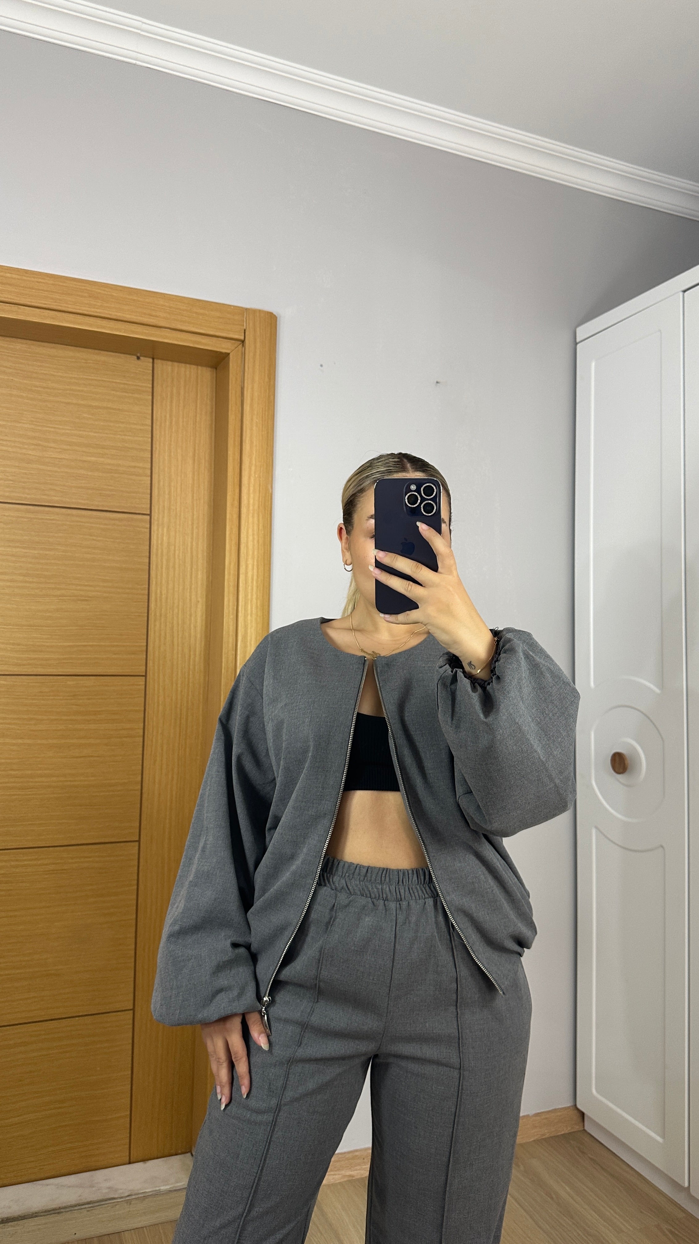 Gri fermuarlı Bomber ceket pantolon takım