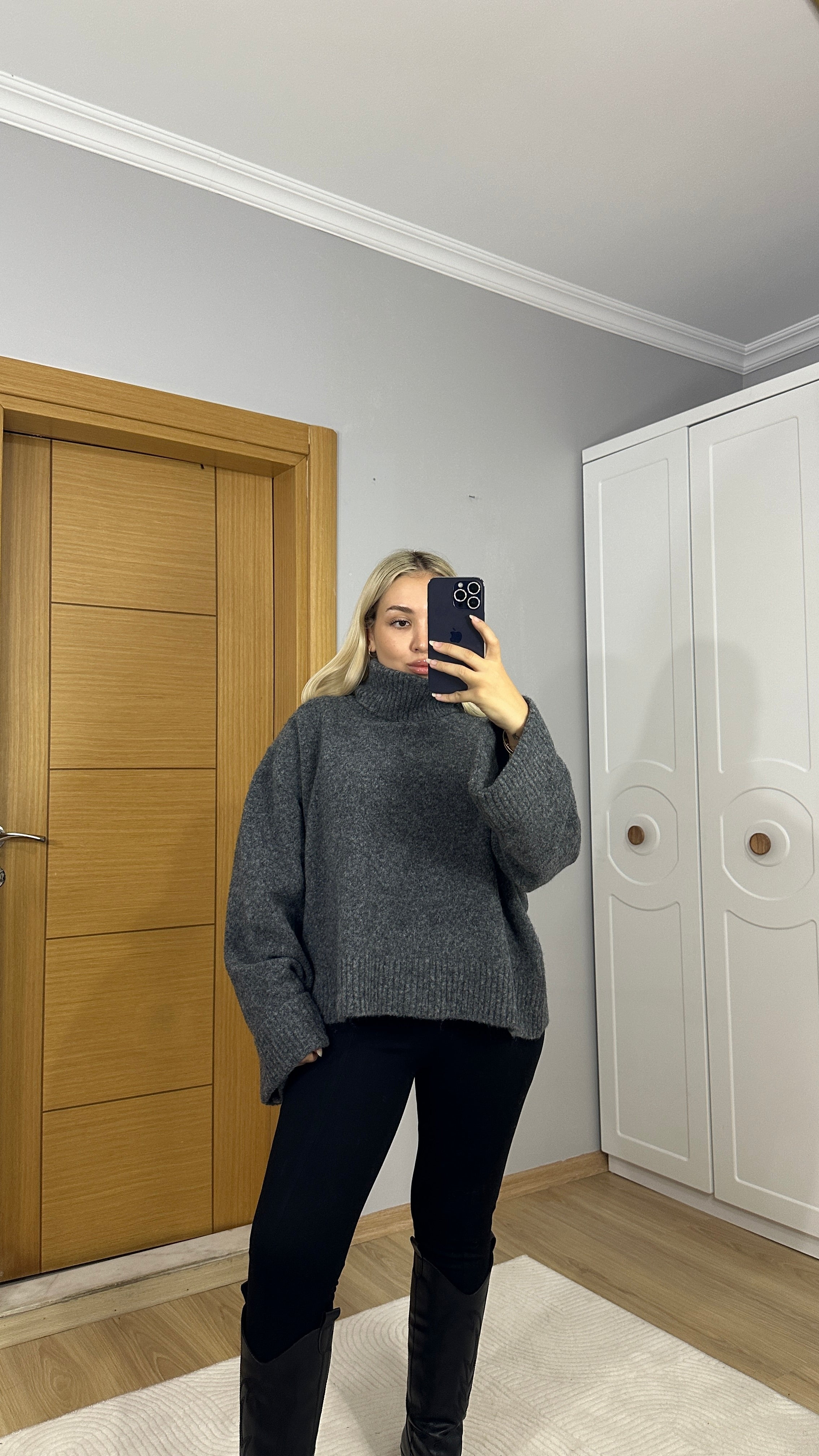 Premium kalite yumoş dokulu balıkçı yaka gri kazak ￼