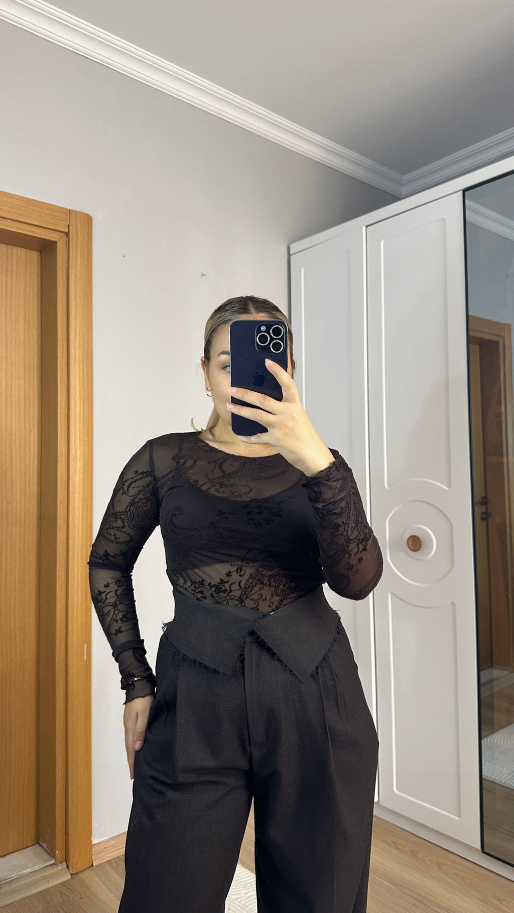 Bel vurgulu modern palazzo pantolon - Tok kumaş