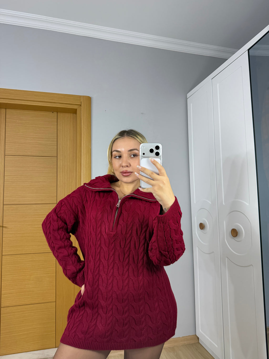 Fermuarlı Yaka Saç Örgü Triko Kazak – Bordo