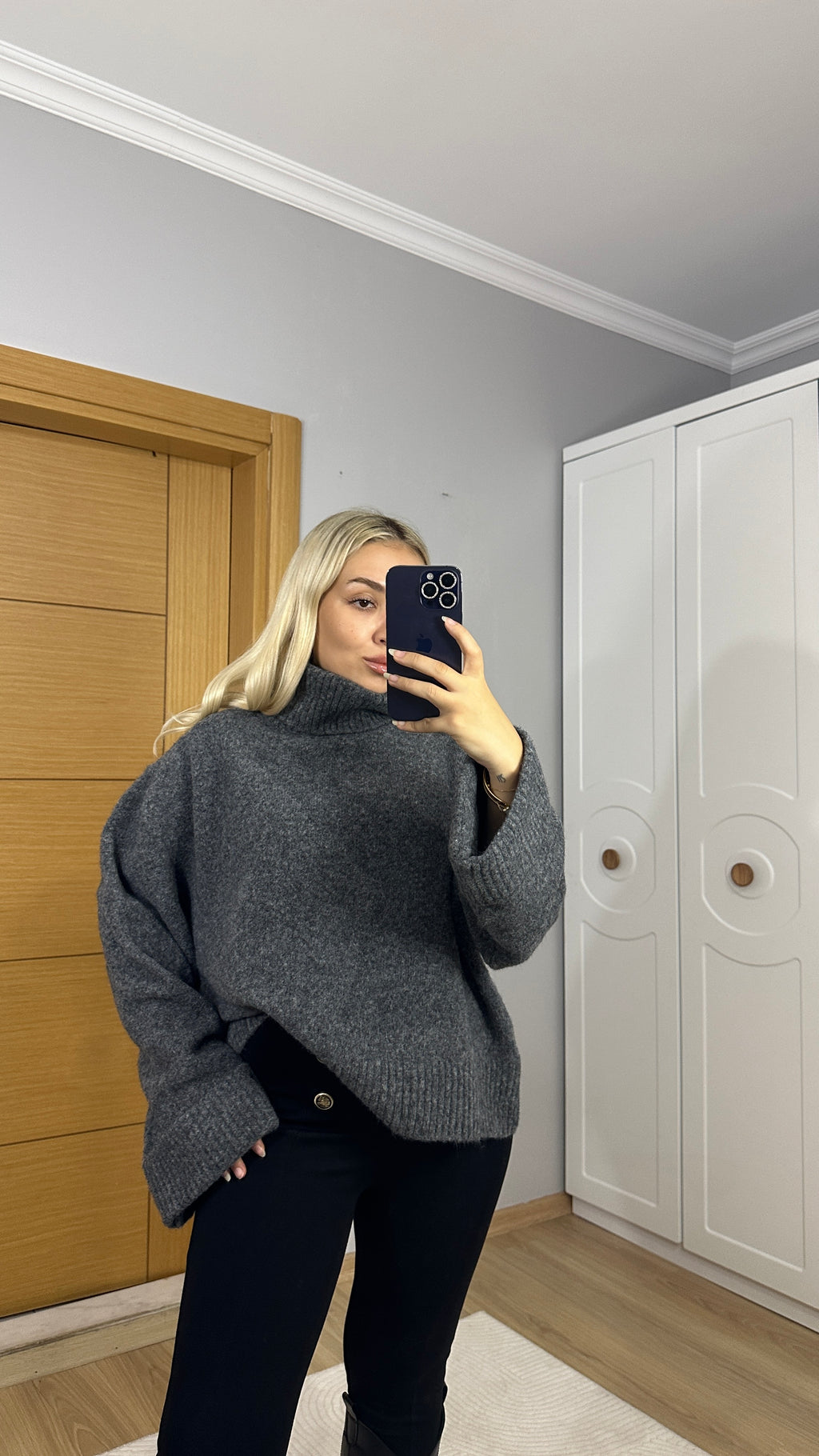 Premium kalite yumoş dokulu balıkçı yaka gri kazak ￼