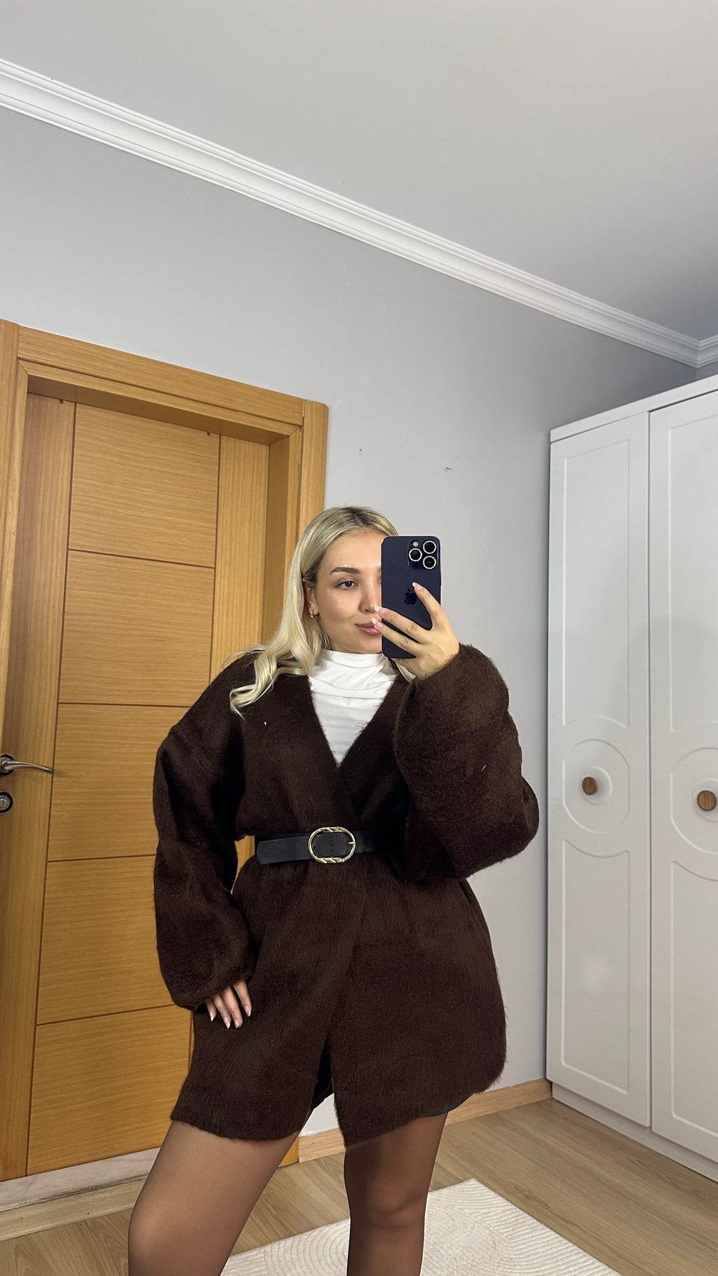 Balon kol şardonlu acı kahve hırka (Kemer dahil değildir)