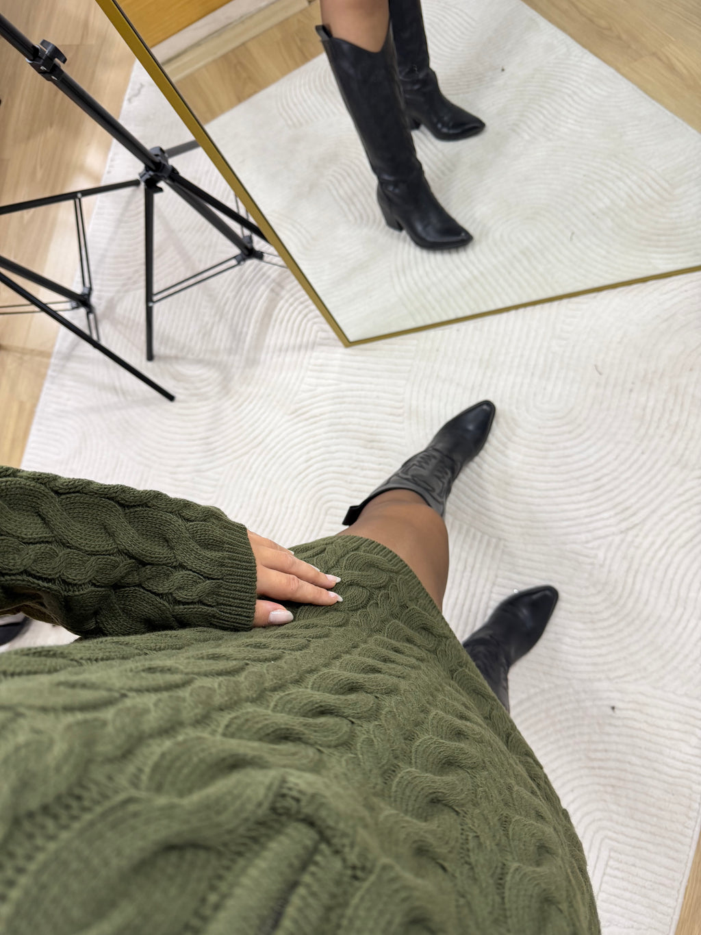 Fermuarlı Yaka Saç Örgü Triko Kazak – Haki