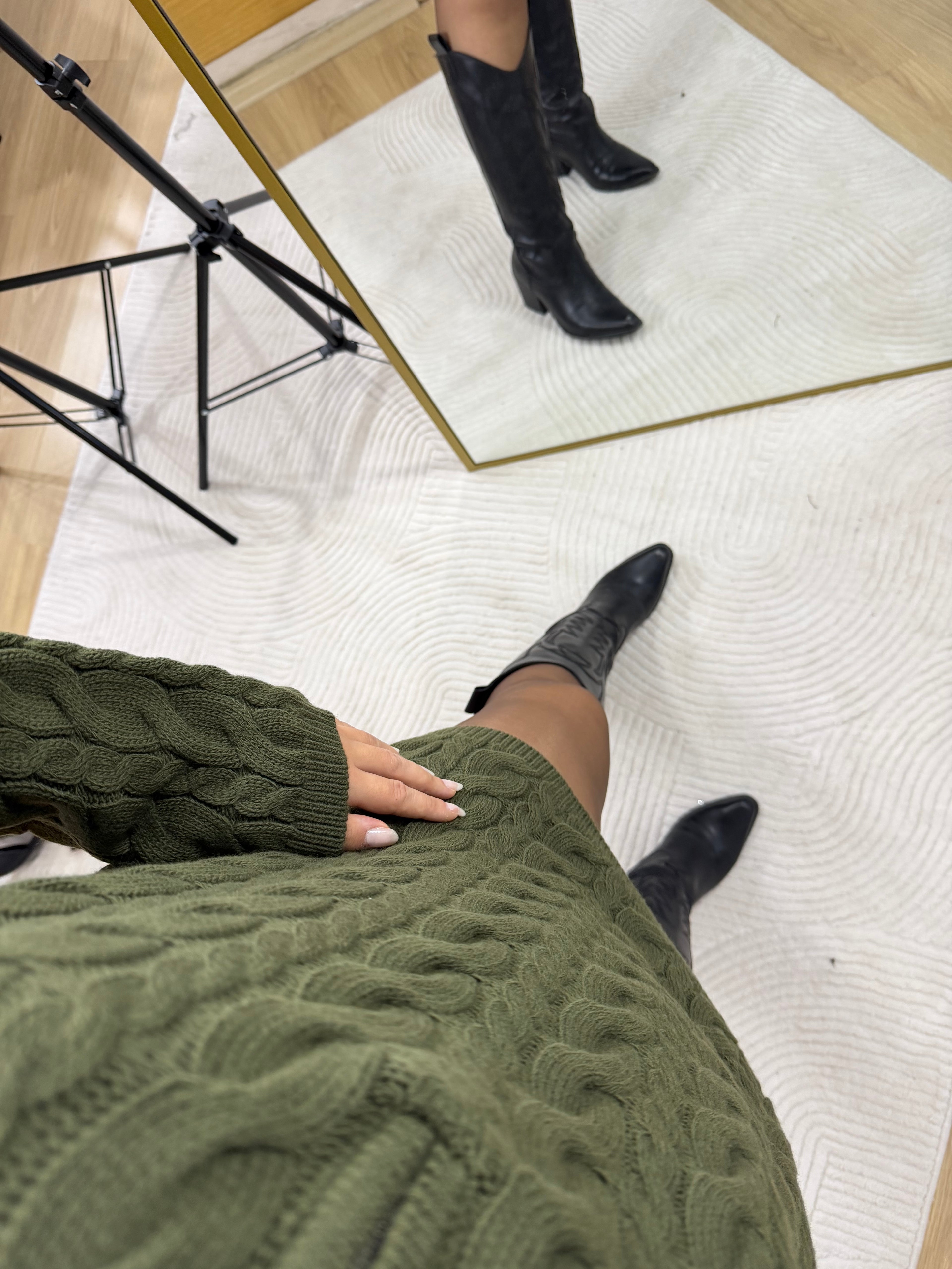 Fermuarlı Yaka Saç Örgü Triko Kazak – Haki