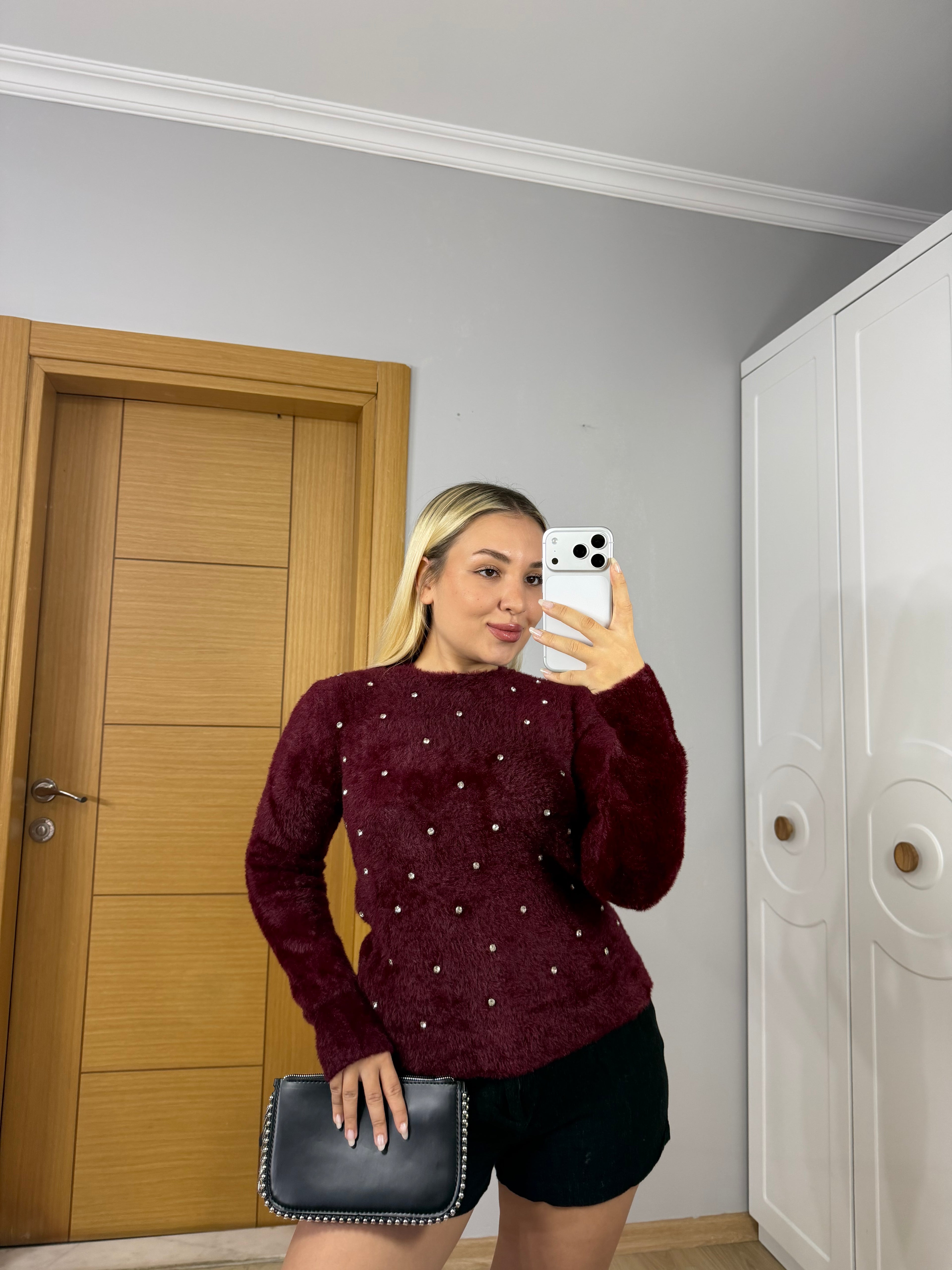 Taş Detaylı Yumoş Yumuşak Dokulu Kazak – Bordo