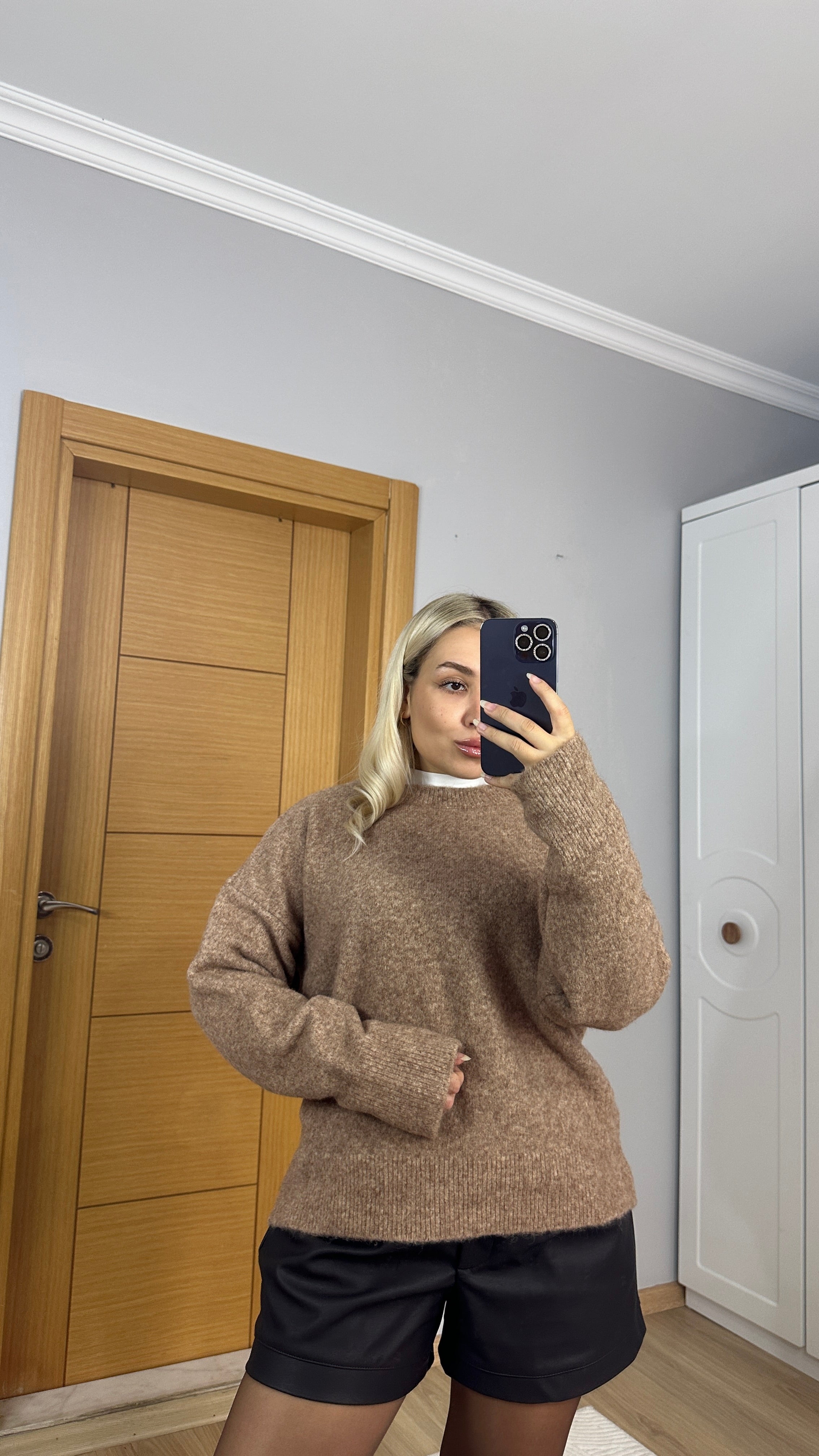 Bisiklet yaka somon rengi kazak - Yumuşak dokulu