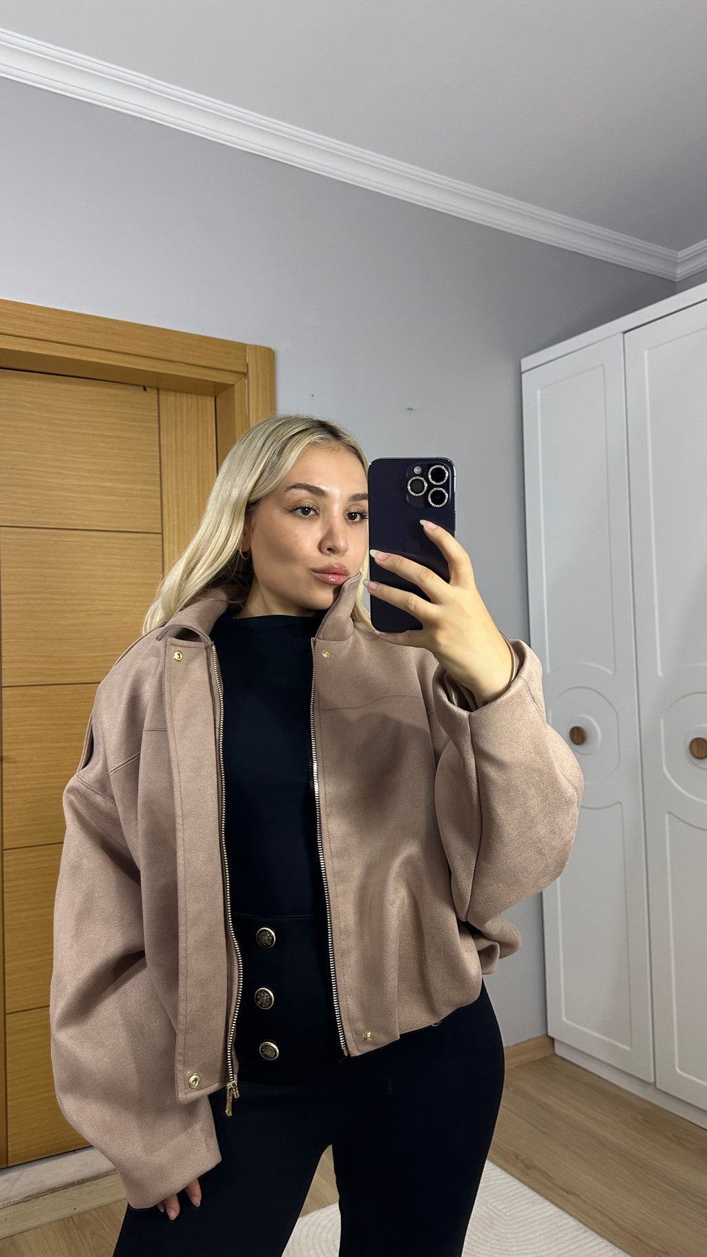 Koyu bej dökümlü premium bomber ceket